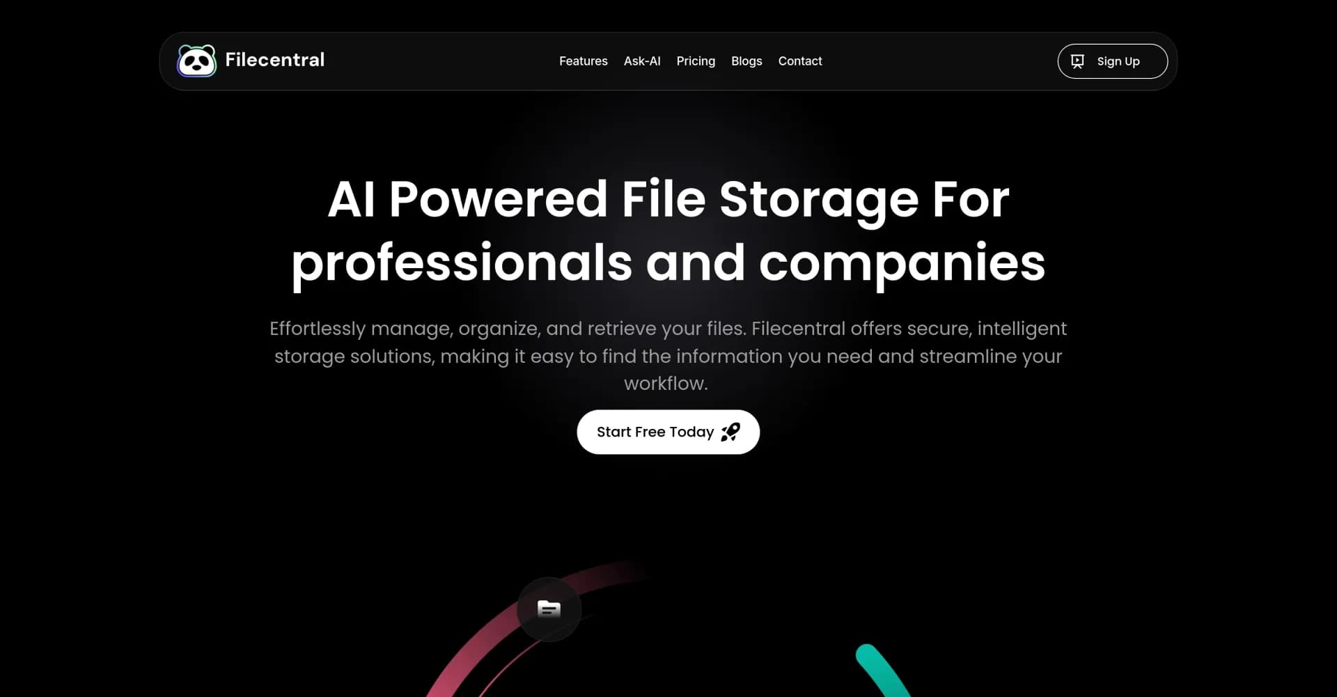 Filecentral homepage screenshot — AI-powered search: Find files instantly.