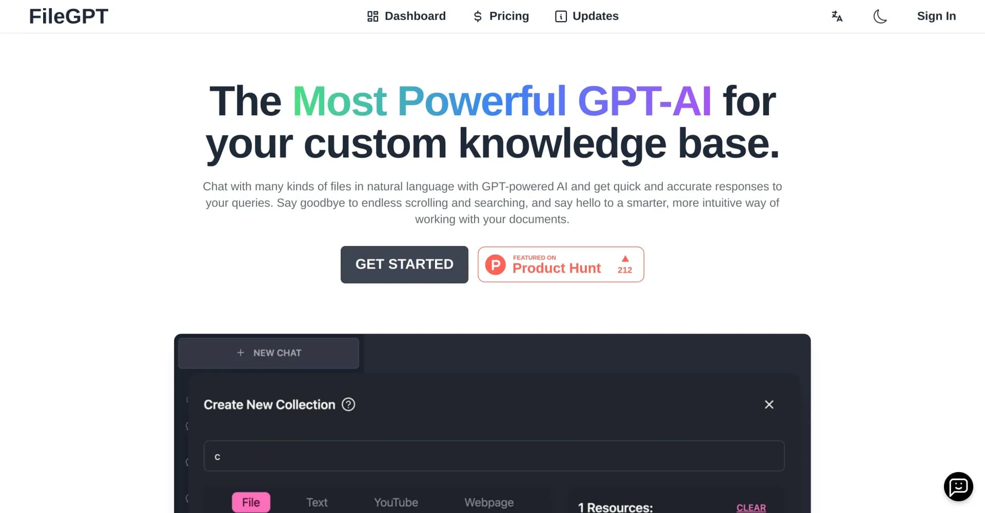 FileGPT homepage screenshot — Chat with files using GPT-powered AI for quick answers.