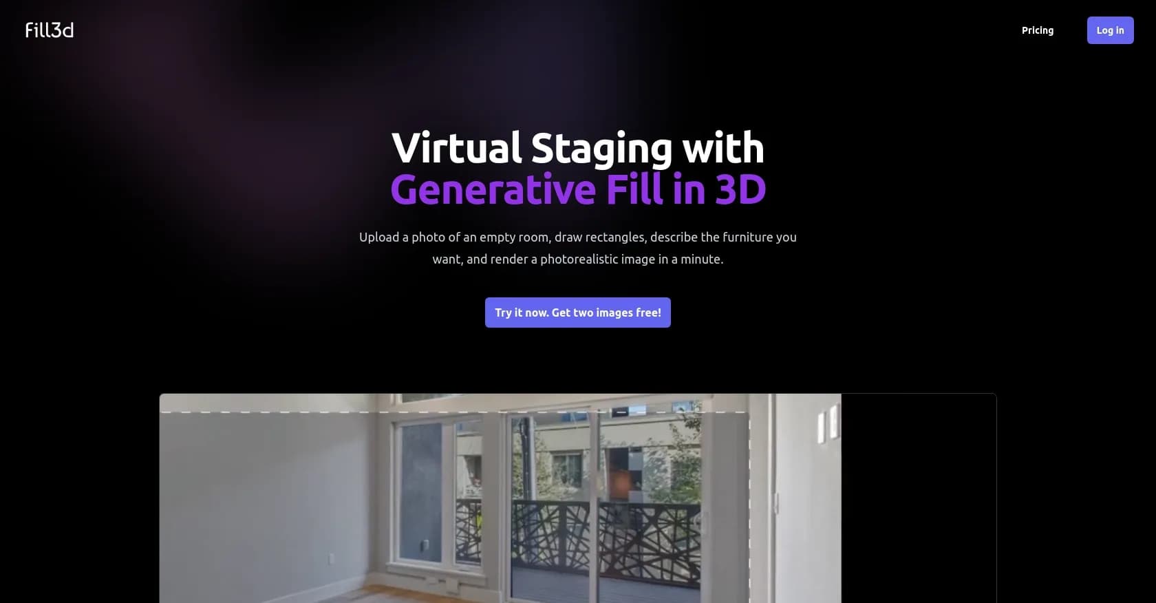 Fill3d homepage screenshot — Virtual staging with AI-powered 3D furniture generation
