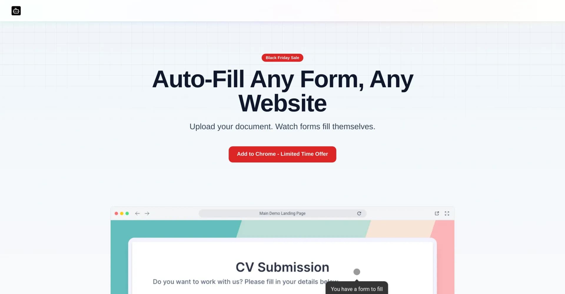 FillBot homepage screenshot — AI-powered form filling automation for any website.