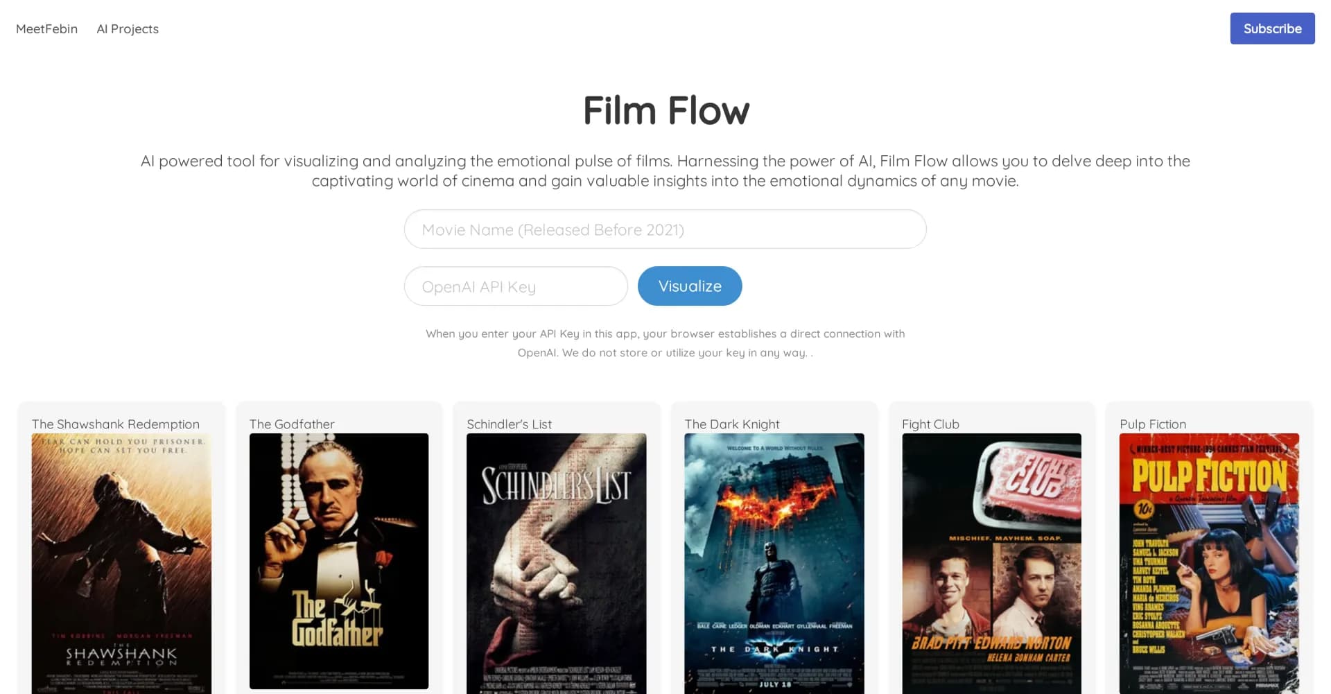 Film Flow homepage screenshot — Visualize and analyze films' emotional pulse with AI.