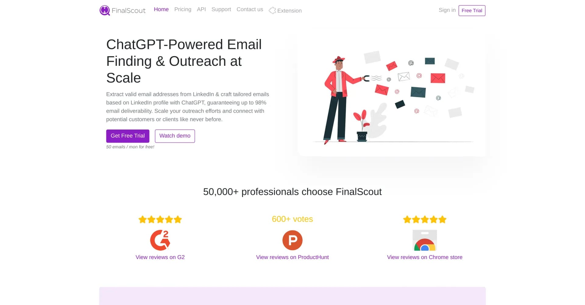 FinalScout homepage screenshot — Find anyone's professional email address instantly.