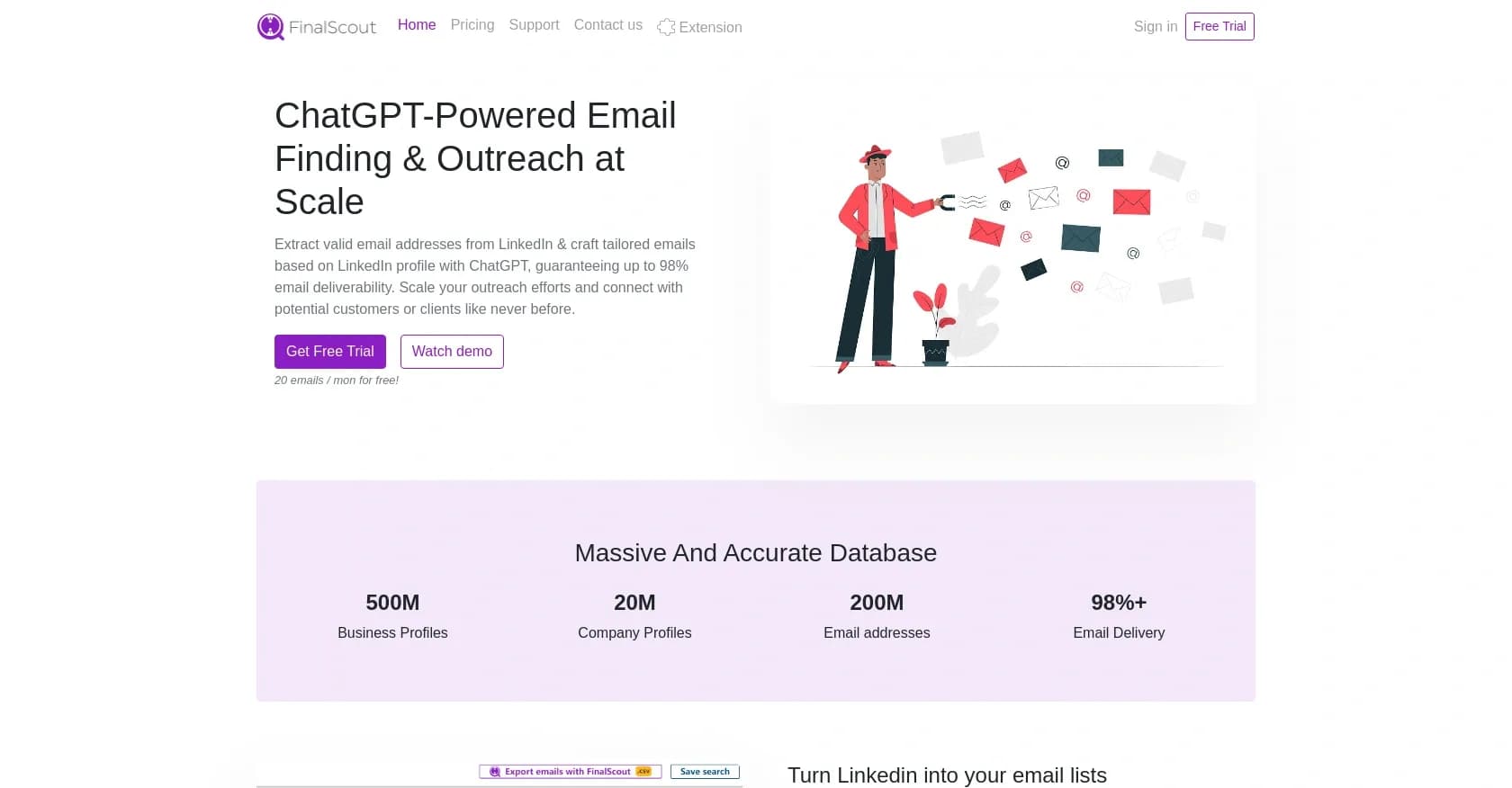 FinalScout homepage screenshot — Email prospecting and personalization for LinkedIn.
