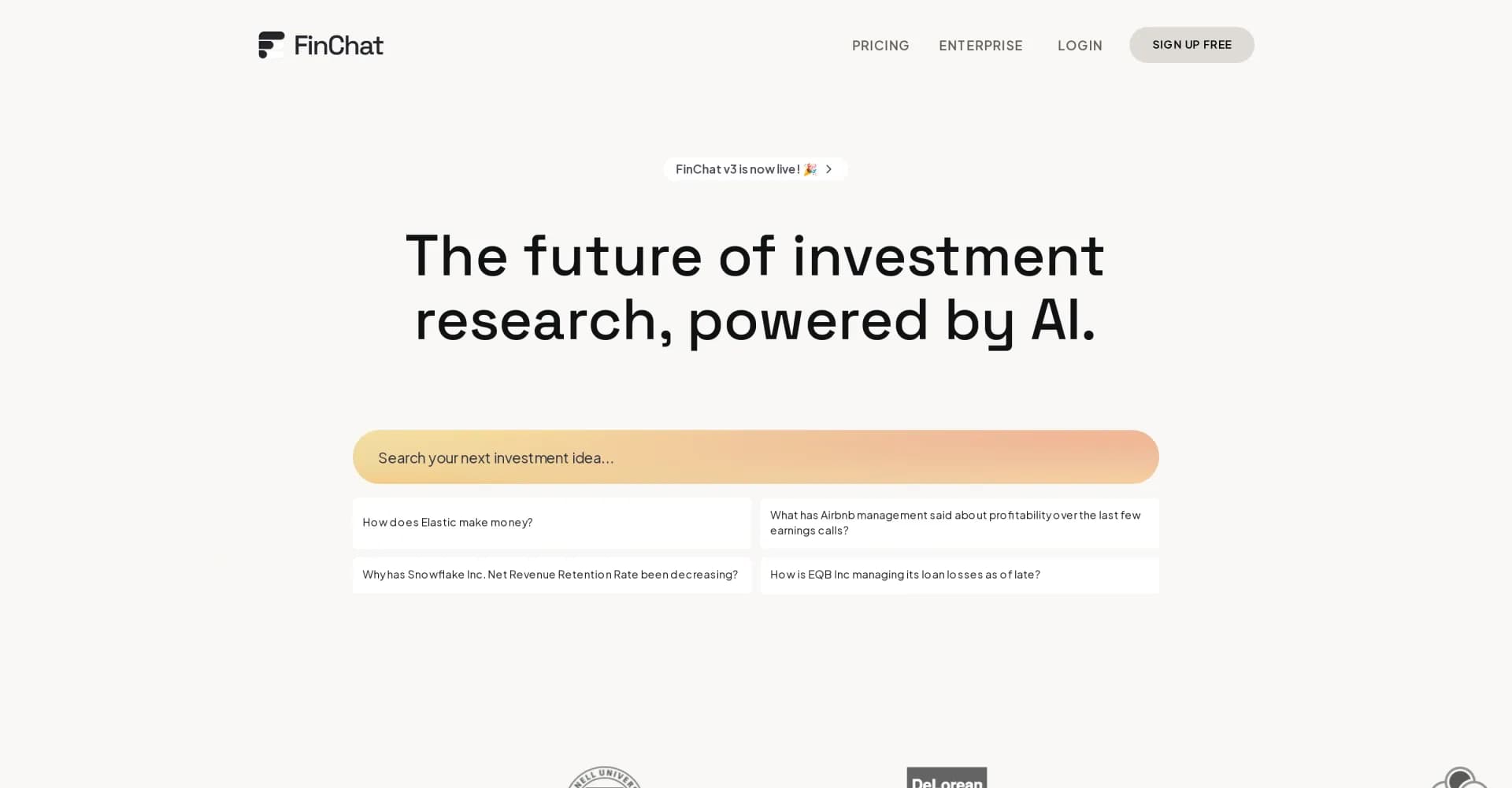FinChat homepage screenshot — AI-powered investment research platform