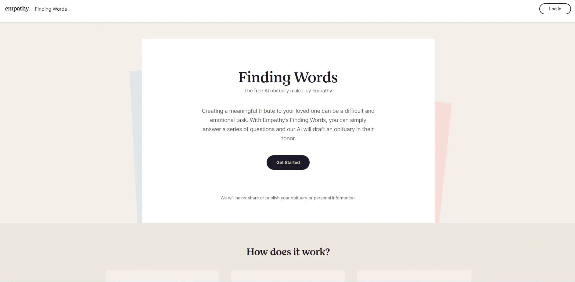 Finding Words homepage screenshot — Create meaningful obituaries with AI