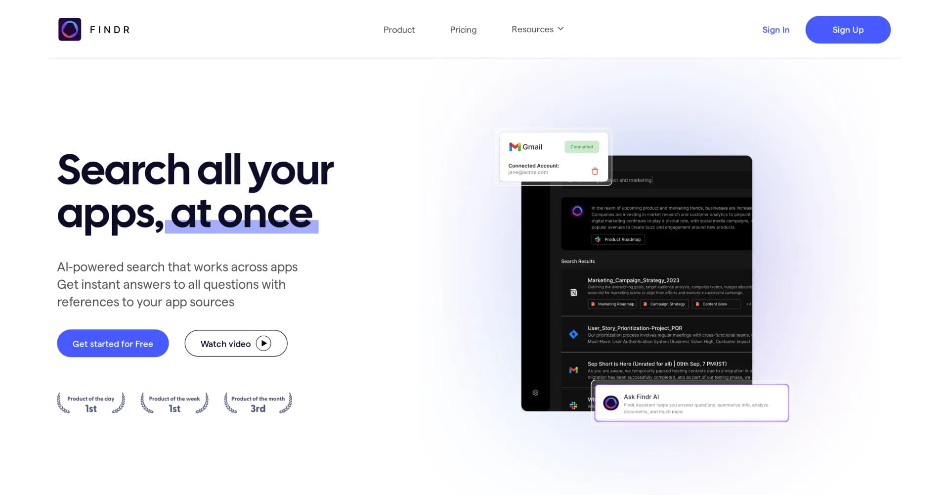 Findr homepage screenshot — Search all your apps, instantly.