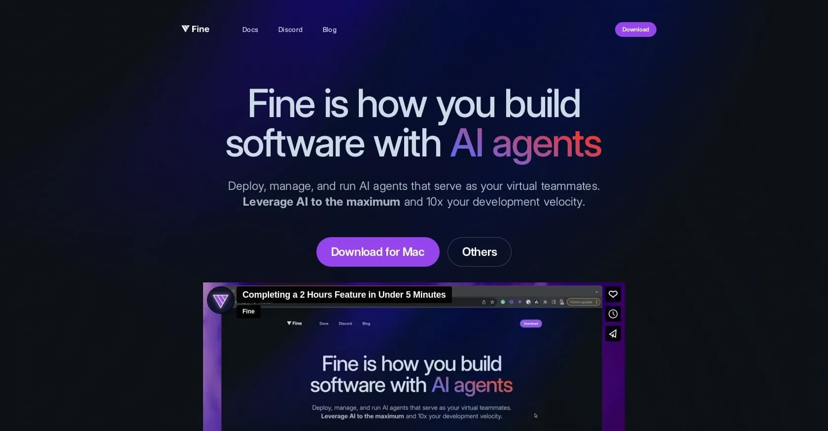Fine.dev homepage screenshot — Build software with AI agents as virtual teammates