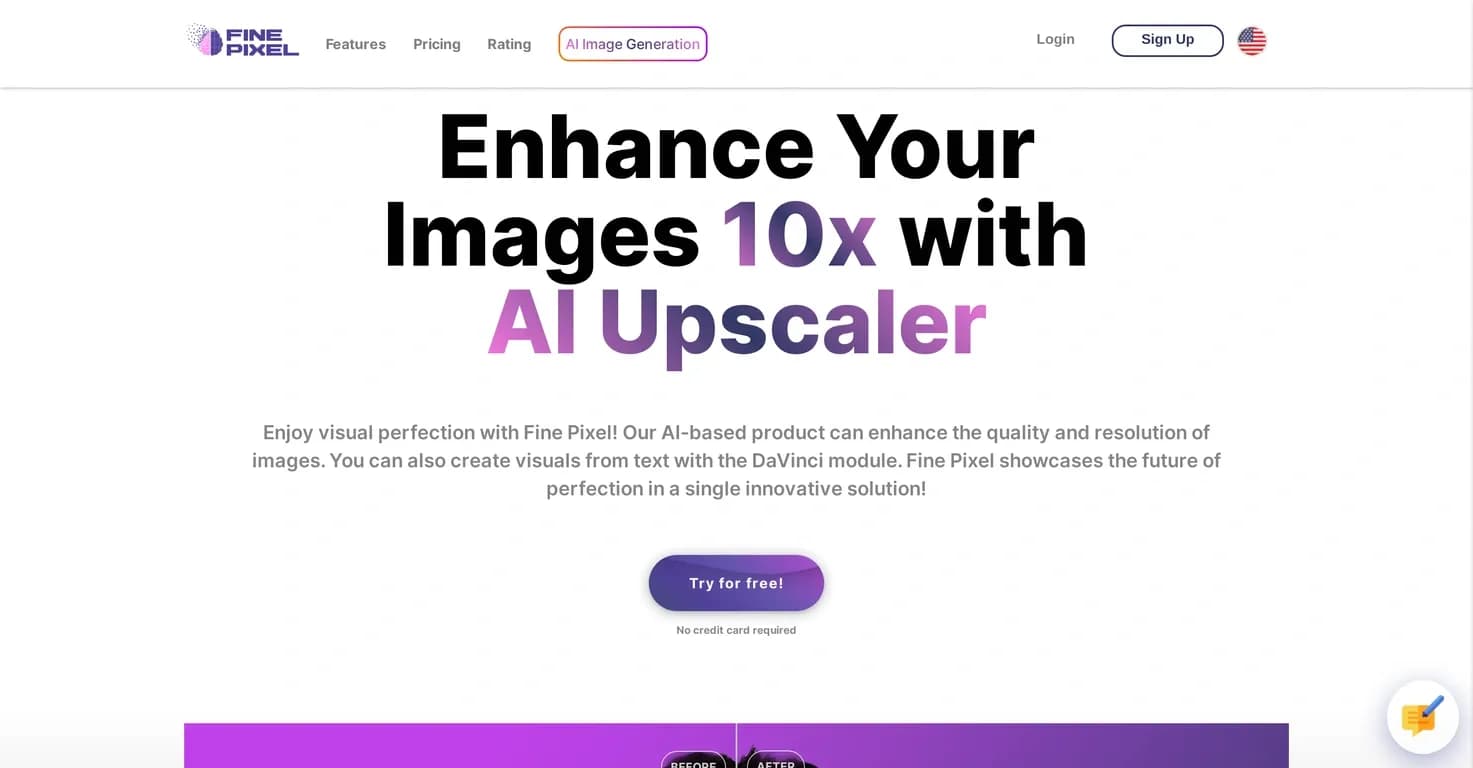 Fine Pixel homepage screenshot — Enhance images 10X with AI upscaling