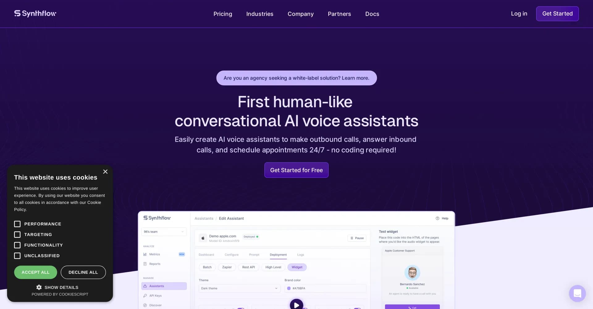 Fine-Tuner.ai homepage screenshot — Build AI assistants in minutes, no code needed.