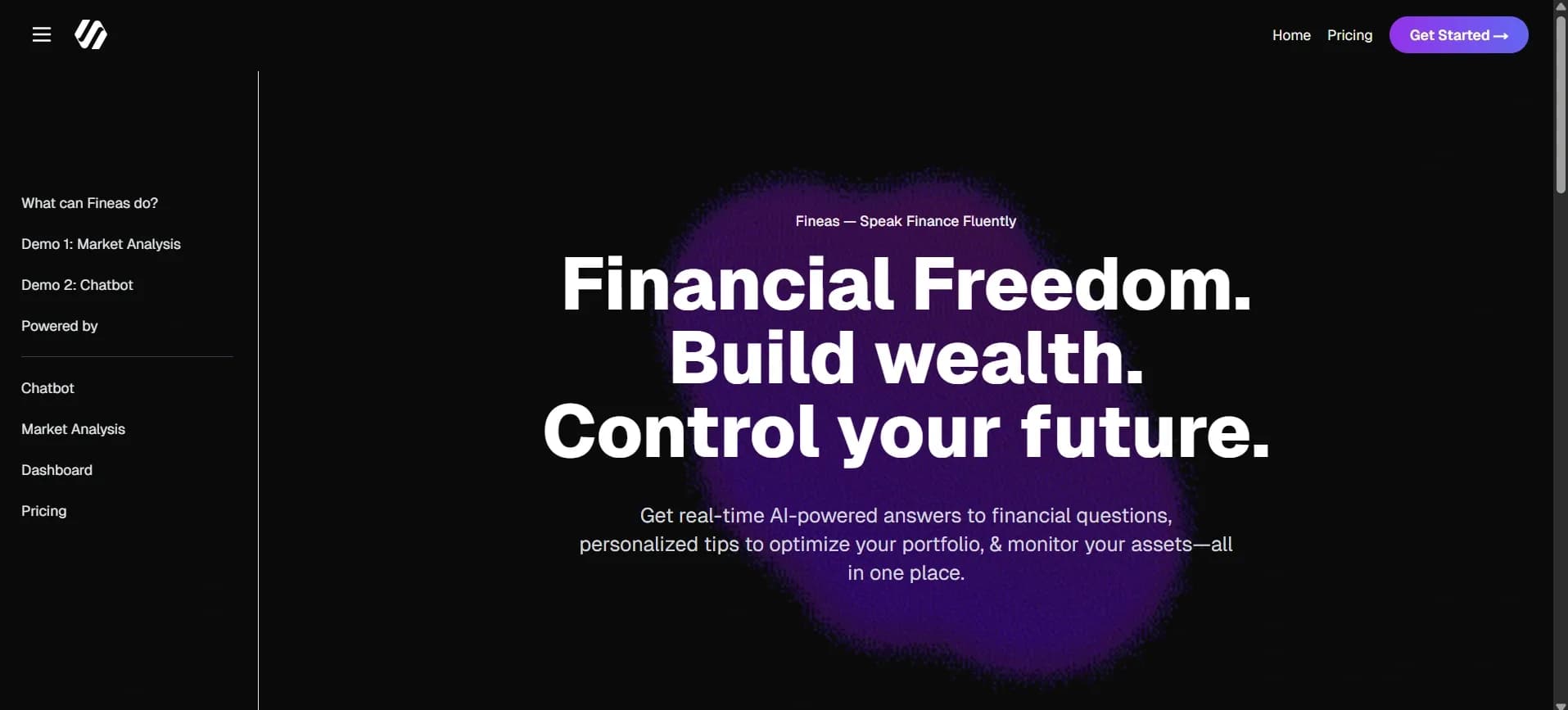 Fineas.Ai homepage screenshot — AI-powered investment insights at your fingertips.