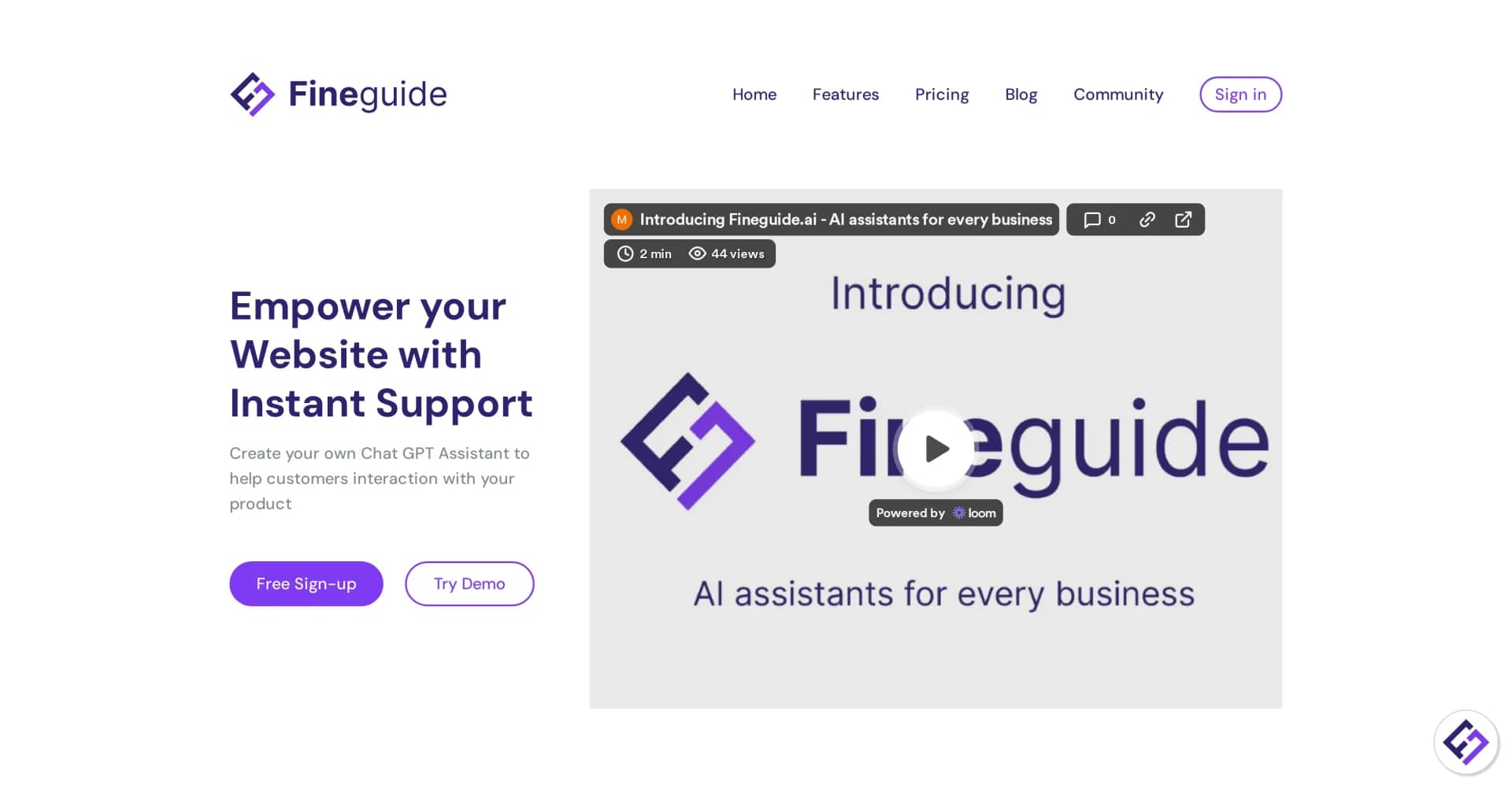 Fineguide homepage screenshot — Empower your website with instant AI support.