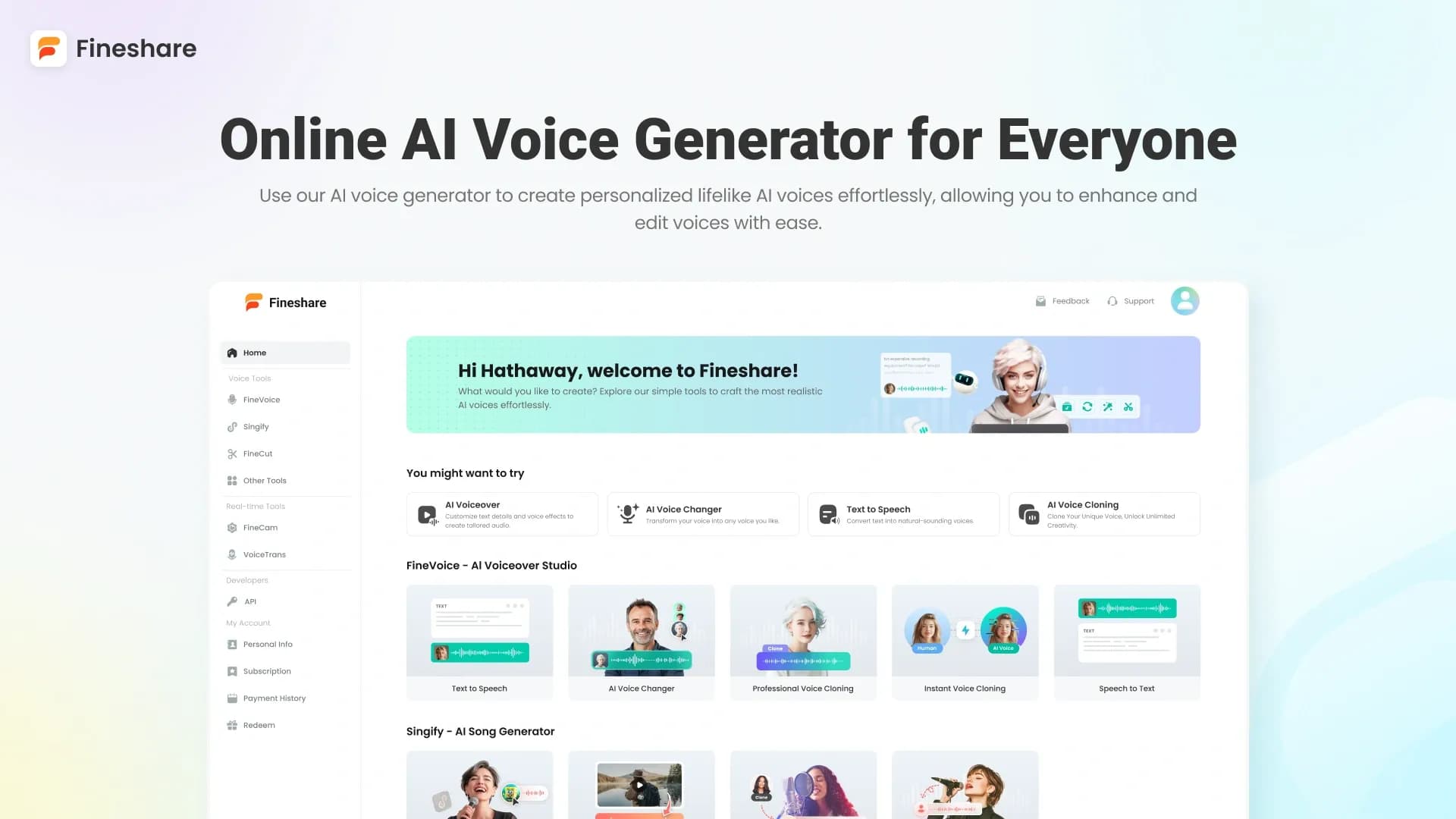 Fineshare homepage screenshot — An online all-in-one AI voice generator for everyone