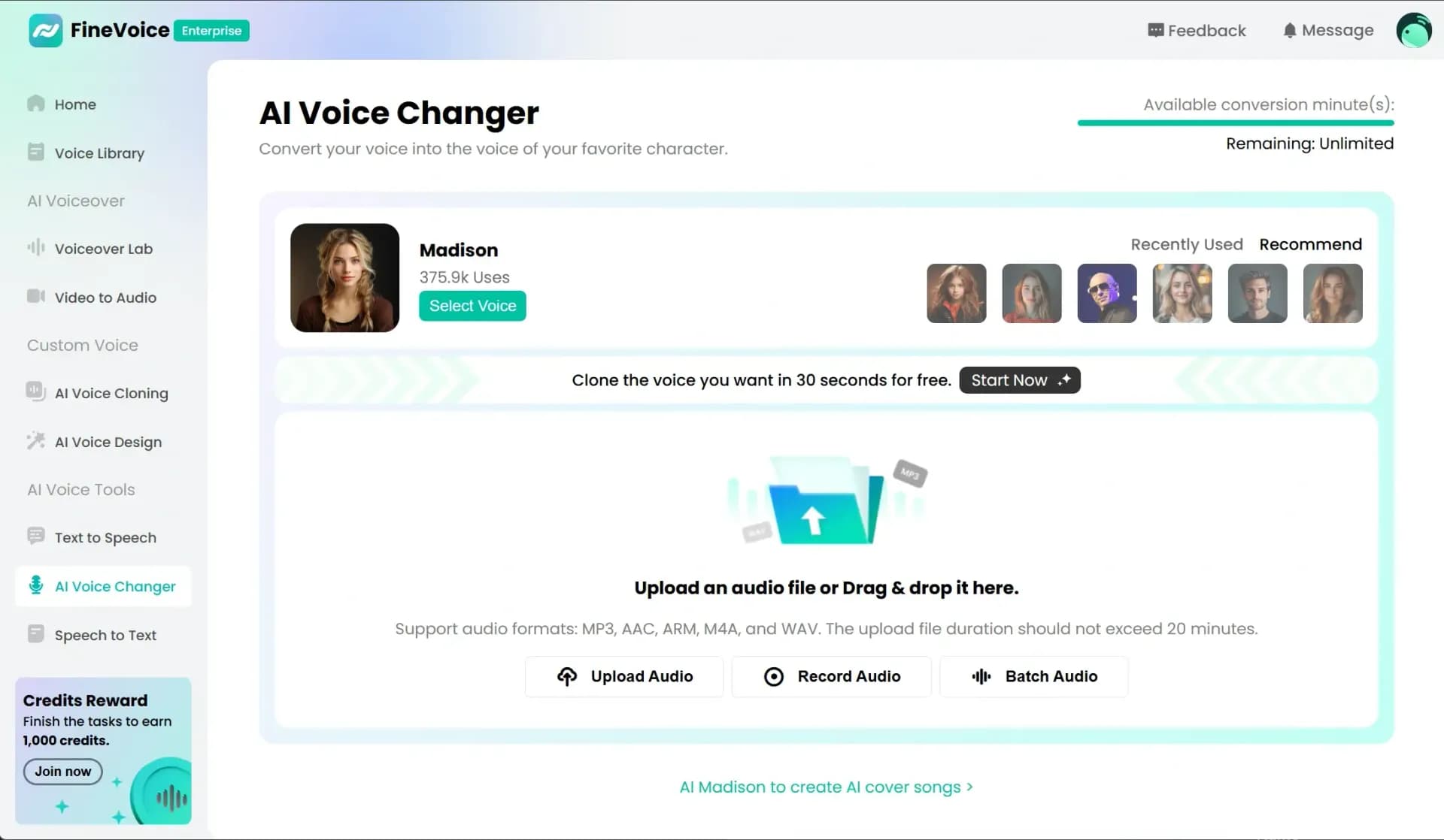 FineVoice AI Voice Changer homepage screenshot — Transform Your Voice into Any Voice You Like.