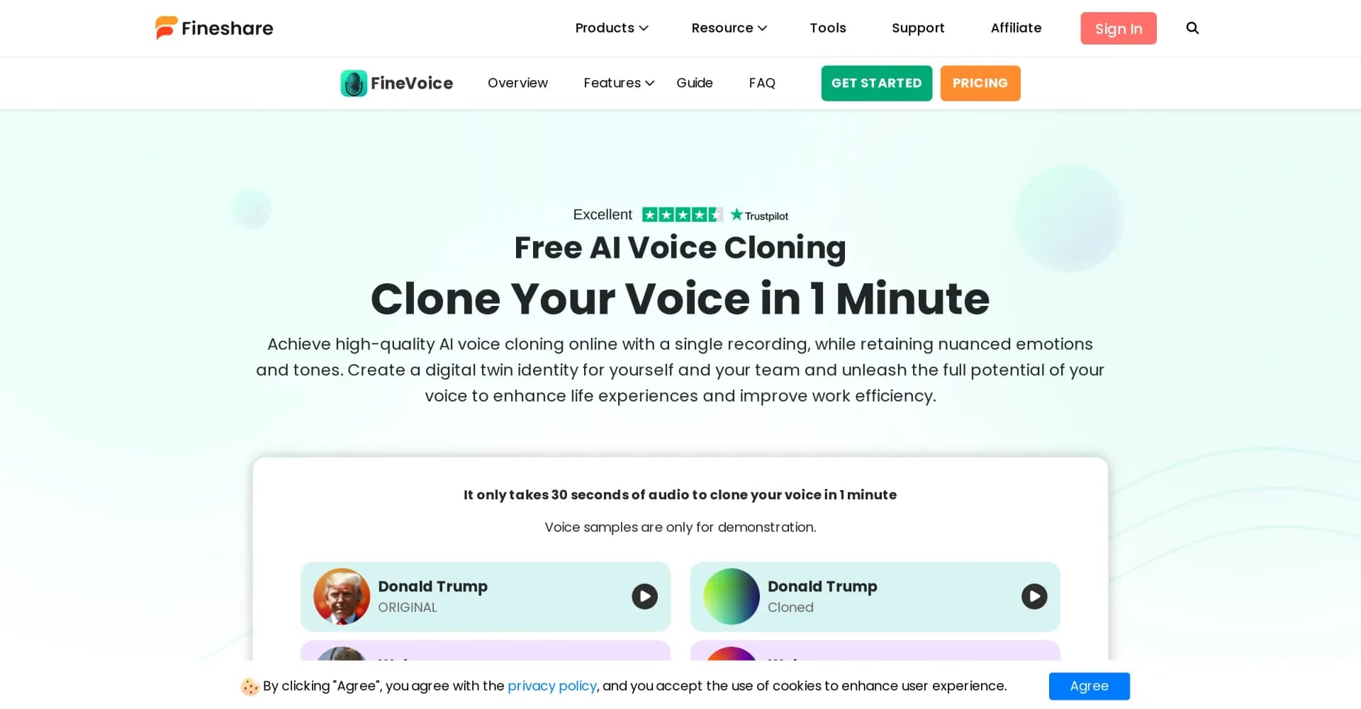 FineVoice AI Voice Cloning homepage screenshot — Clone your voice in 1 minute with AI