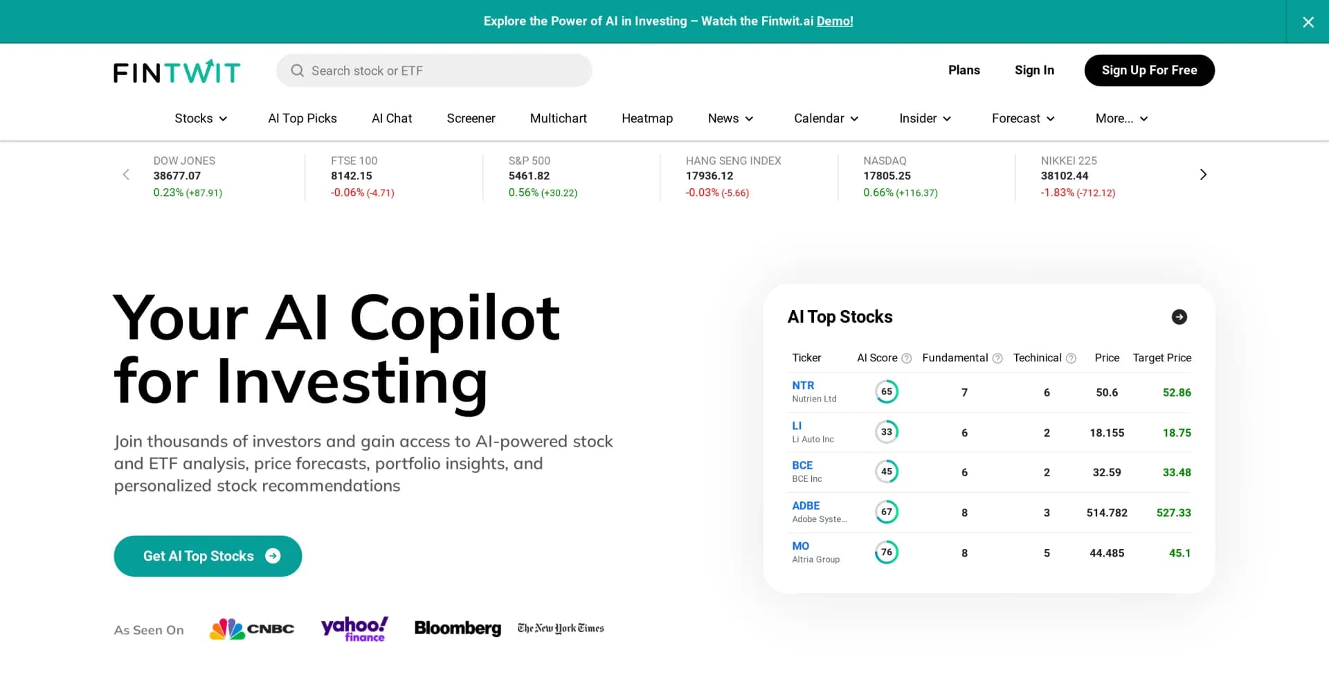 Fintwit homepage screenshot — AI-powered platform for stock market analysis and recommenda