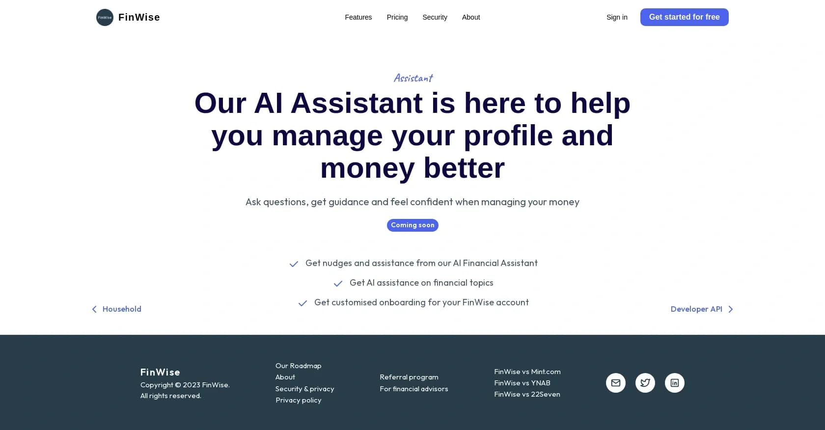 FinWise homepage screenshot — AI assistant for smarter money management