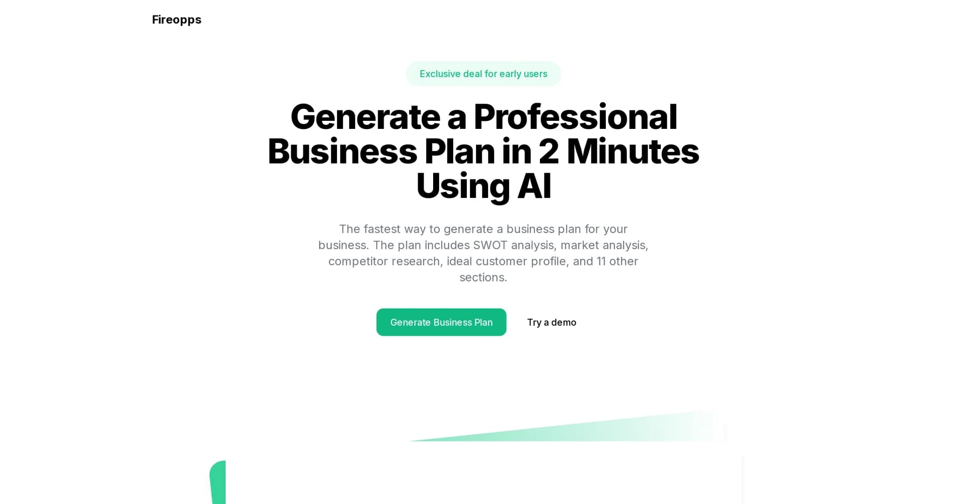 Fireopps homepage screenshot — Generate a professional business plan in minutes with AI
