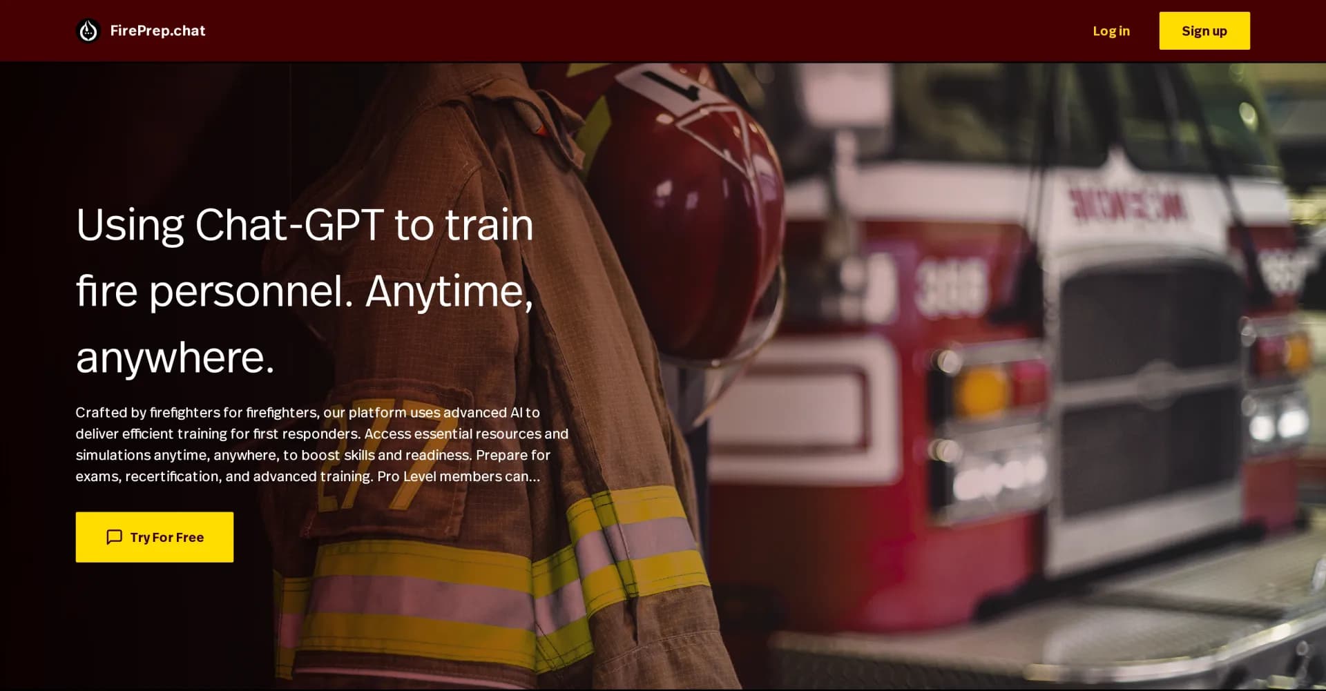 FirePrep homepage screenshot — AI-powered firefighter training at your fingertips.
