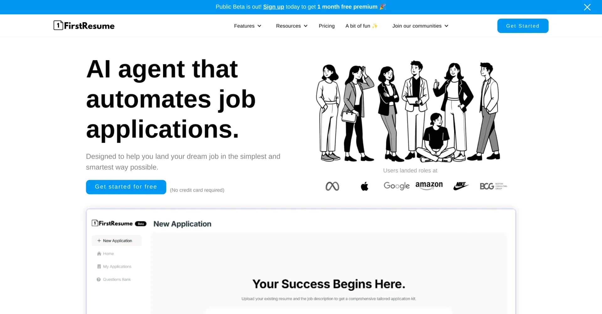 FirstResume homepage screenshot — AI agent that automates job applications.
