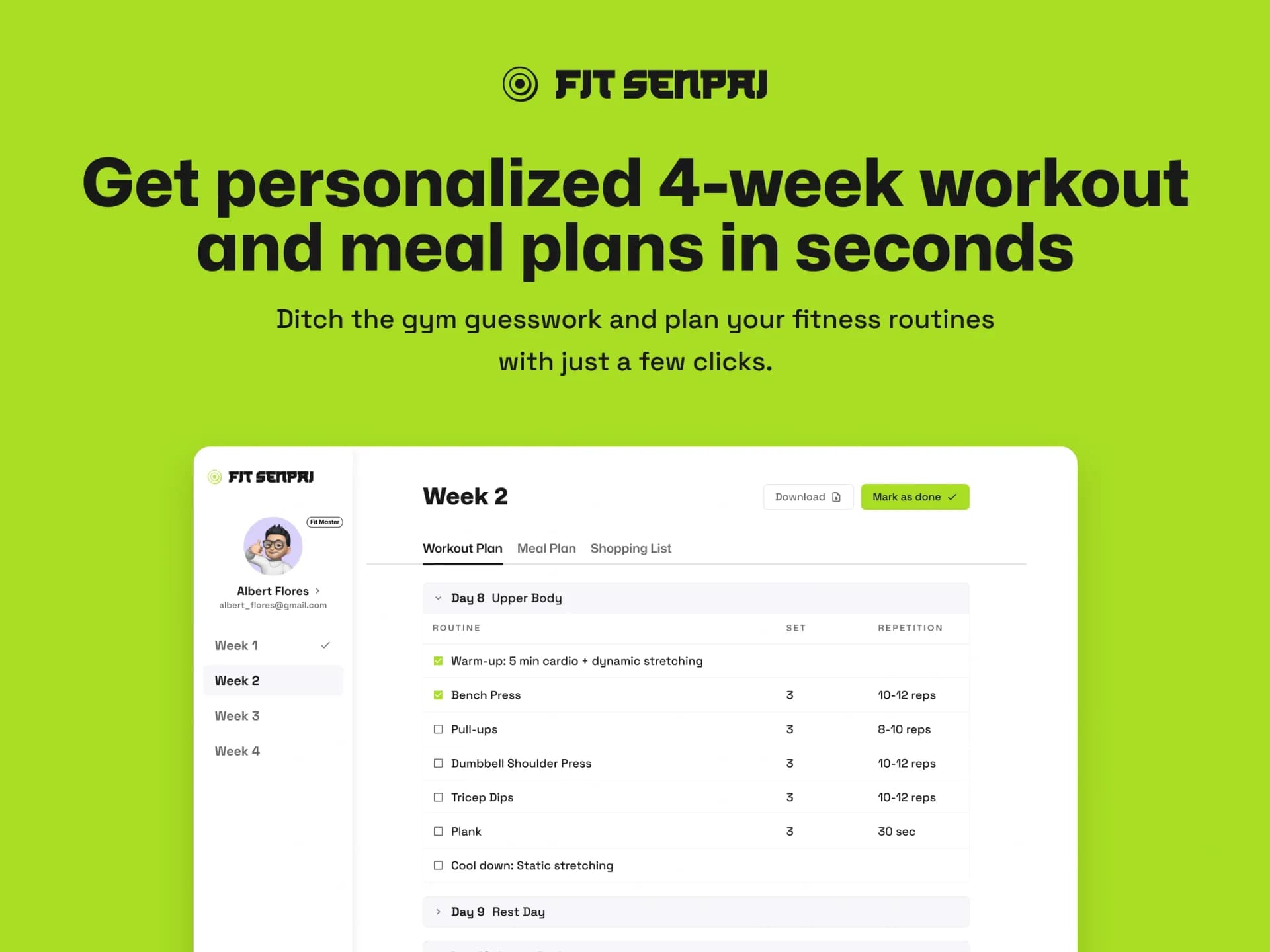Fit Senpai homepage screenshot — Personalized workout and meal plans for busy professionals