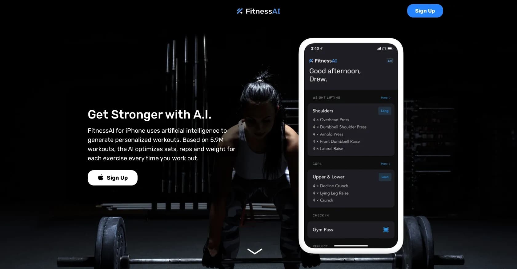 Fitnessai homepage screenshot — Get stronger with AI-powered workouts.