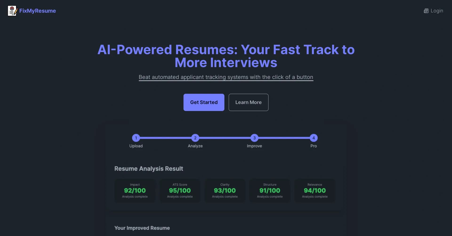 FixMyResume homepage screenshot — AI-powered resume enhancement to boost your job search.