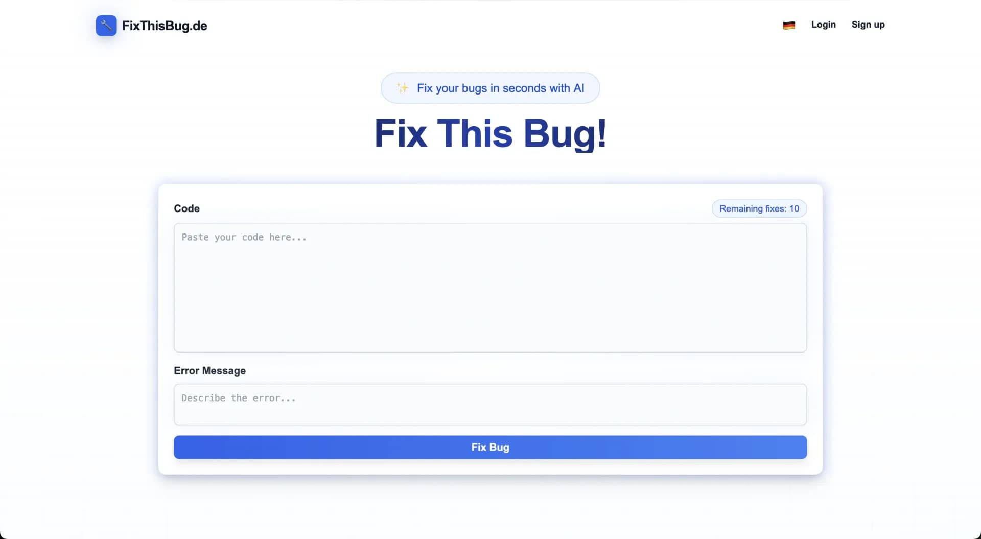 FixThisBug.de homepage screenshot — AI built AI bugfixing tool, multi-language interface, Made i