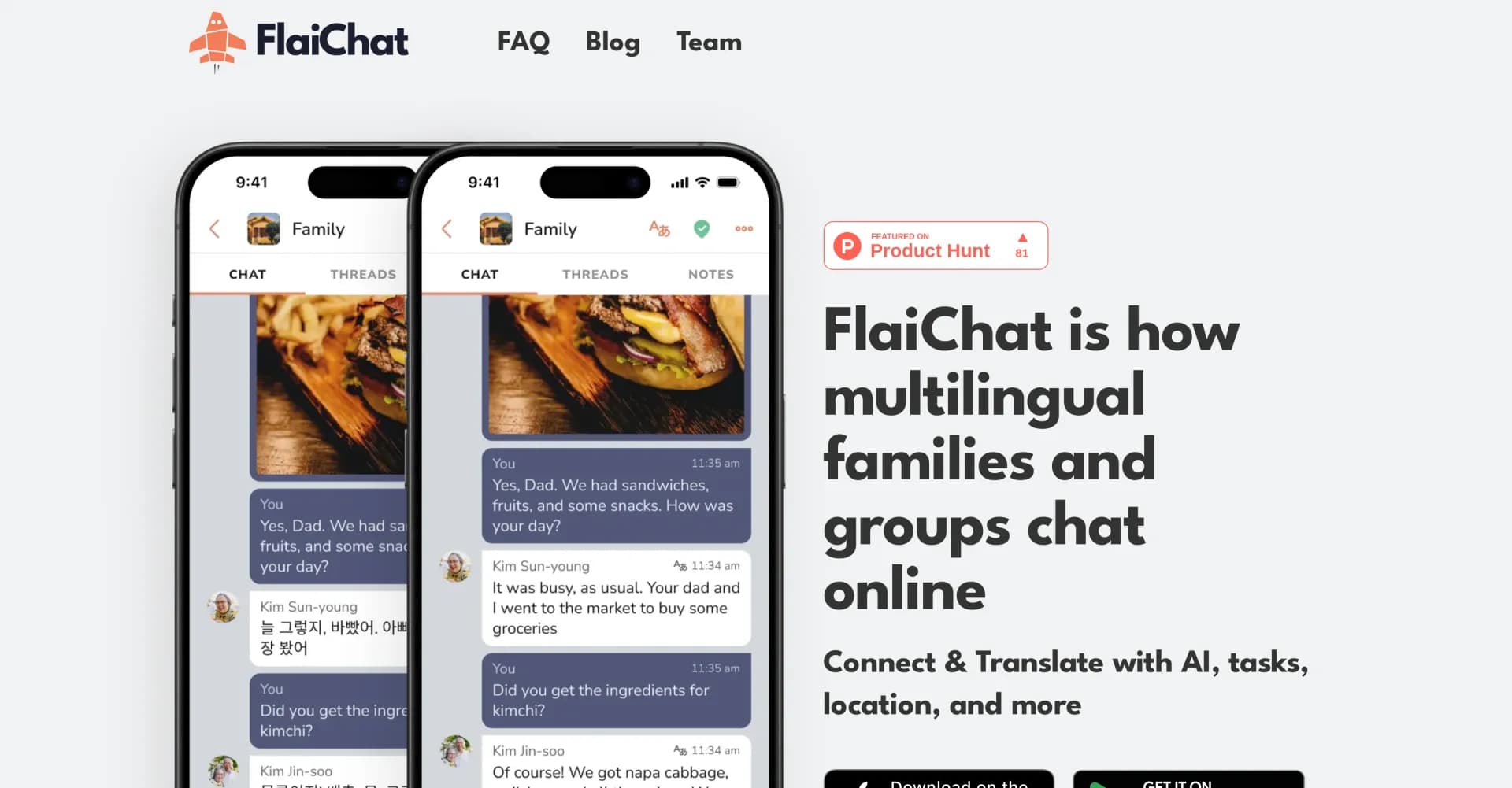 FlaiChat homepage screenshot — Superpowered chat for multilingual families and groups.