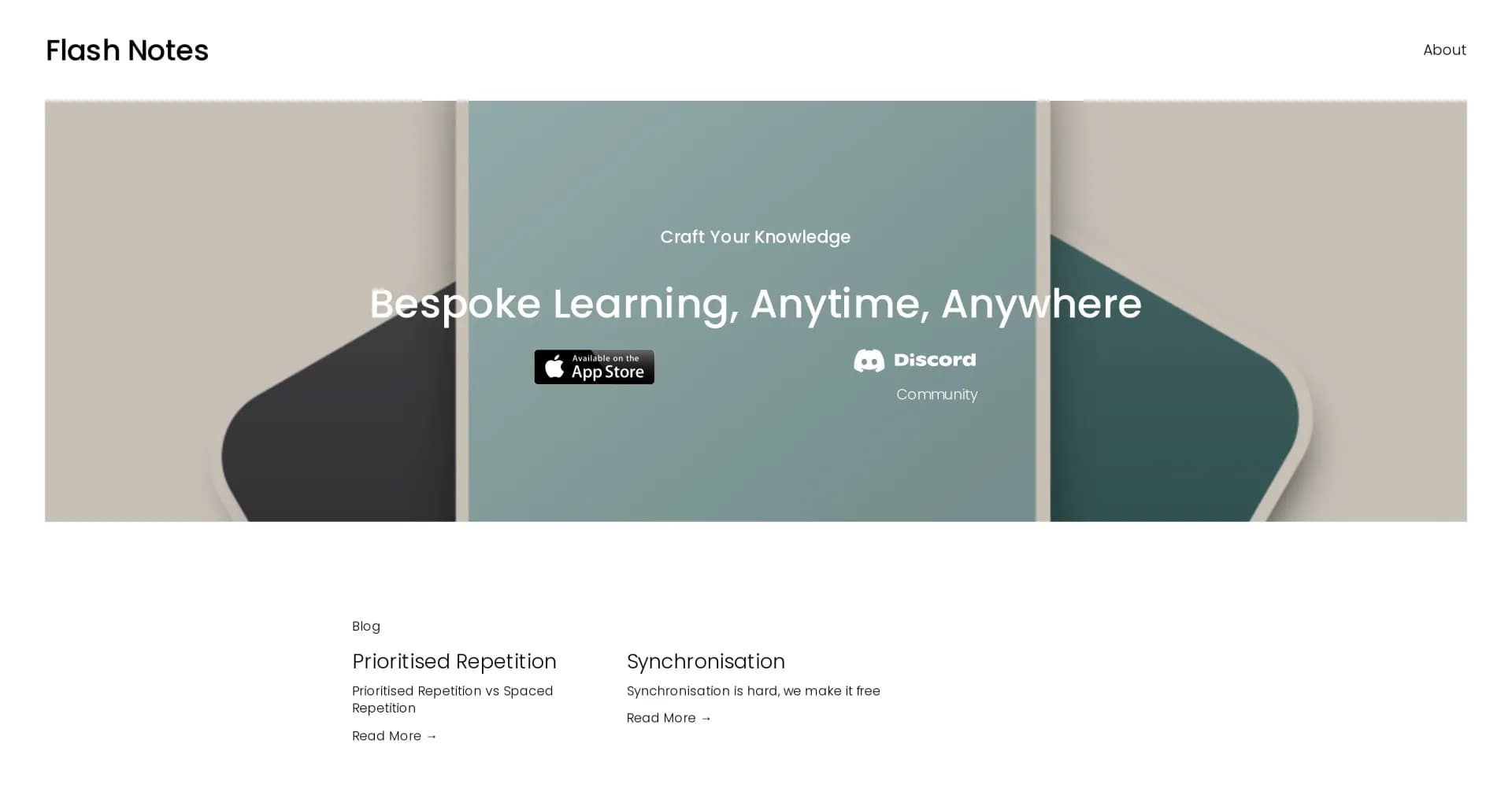 Flash Notes homepage screenshot — Craft your knowledge: bespoke learning, anytime, anywhere.