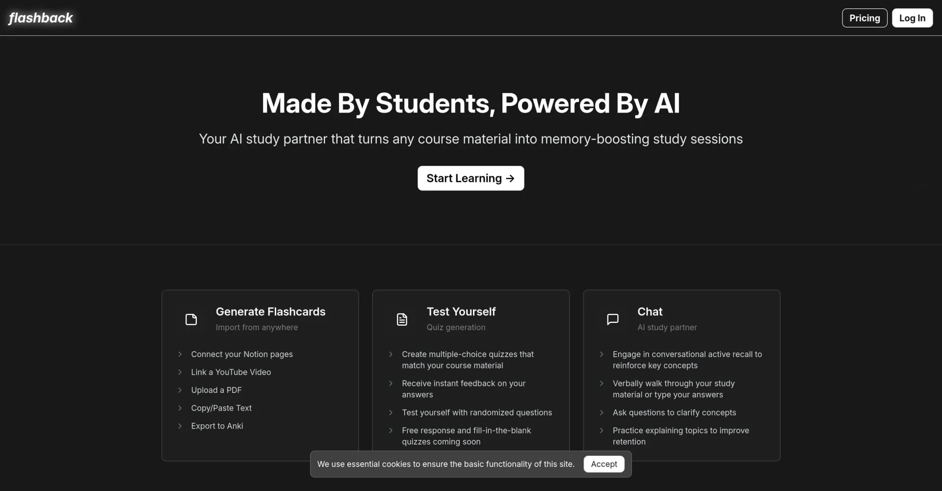 Flashback homepage screenshot — Turn course material into AI-powered study sessions.