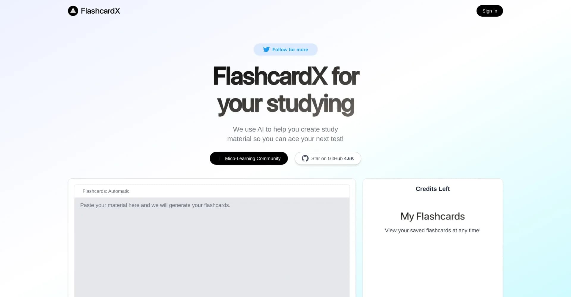 FlashcardX homepage screenshot — AI-powered flashcards for effortless studying.