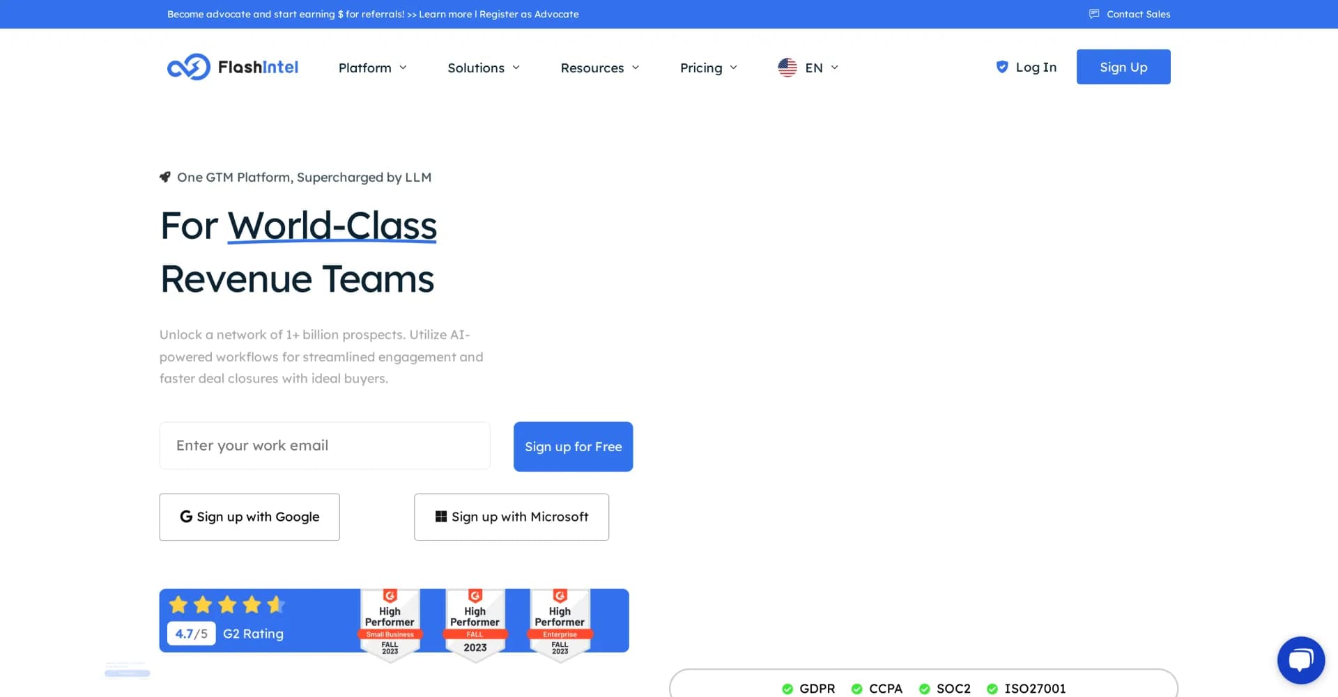 FlashIntel homepage screenshot — AI-powered network for faster, smarter deal closures
