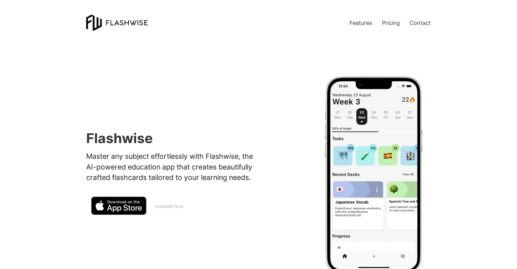 Flashwise homepage screenshot — AI-powered flashcards for effortless learning.