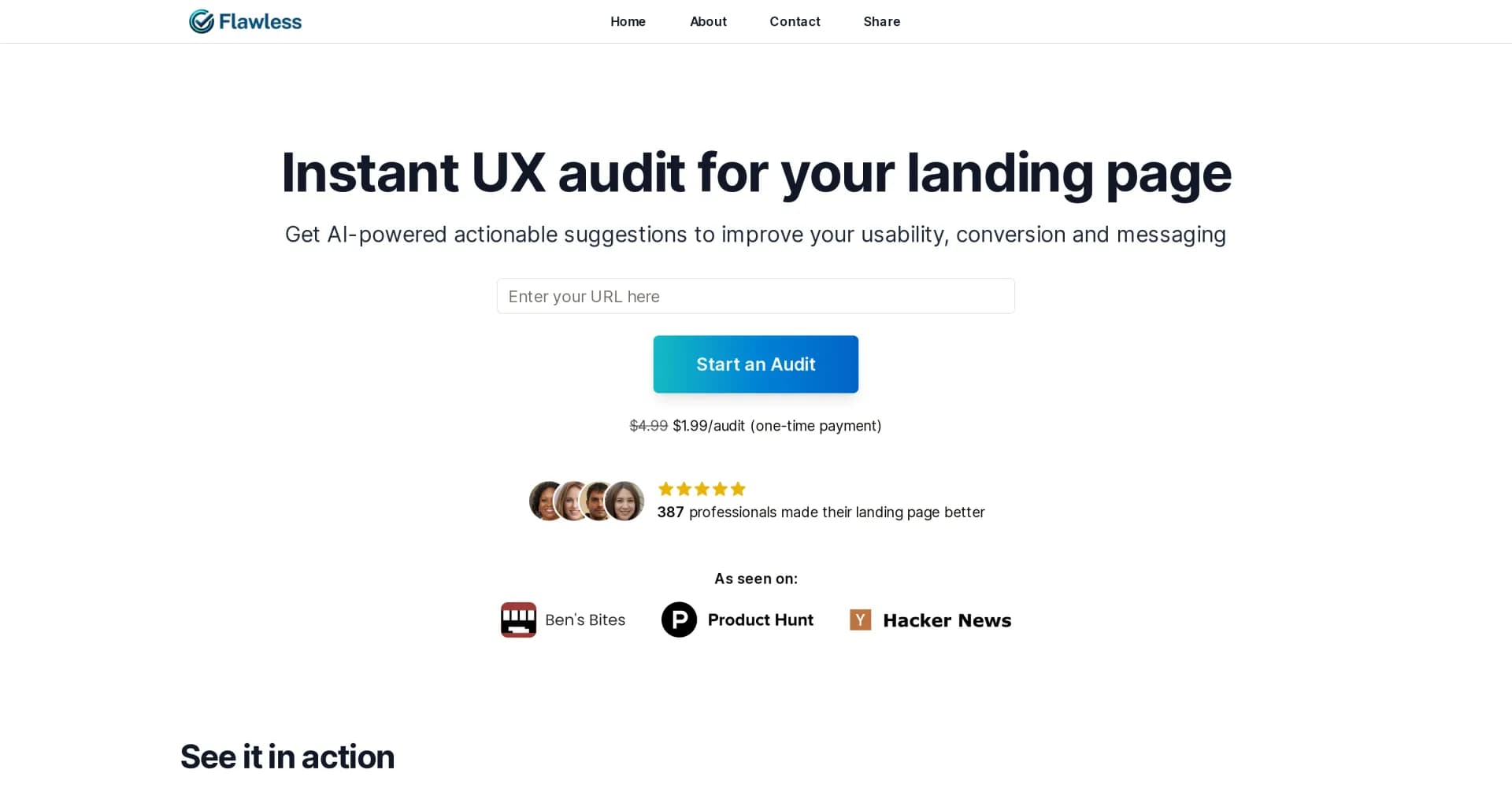 Flawless.is homepage screenshot — Get AI-powered suggestions to improve your landing page
