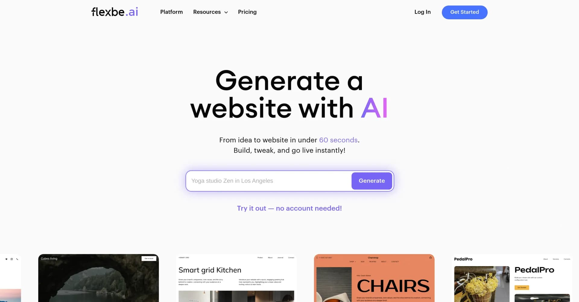 Flexbe.AI homepage screenshot — Generate a website with AI in seconds