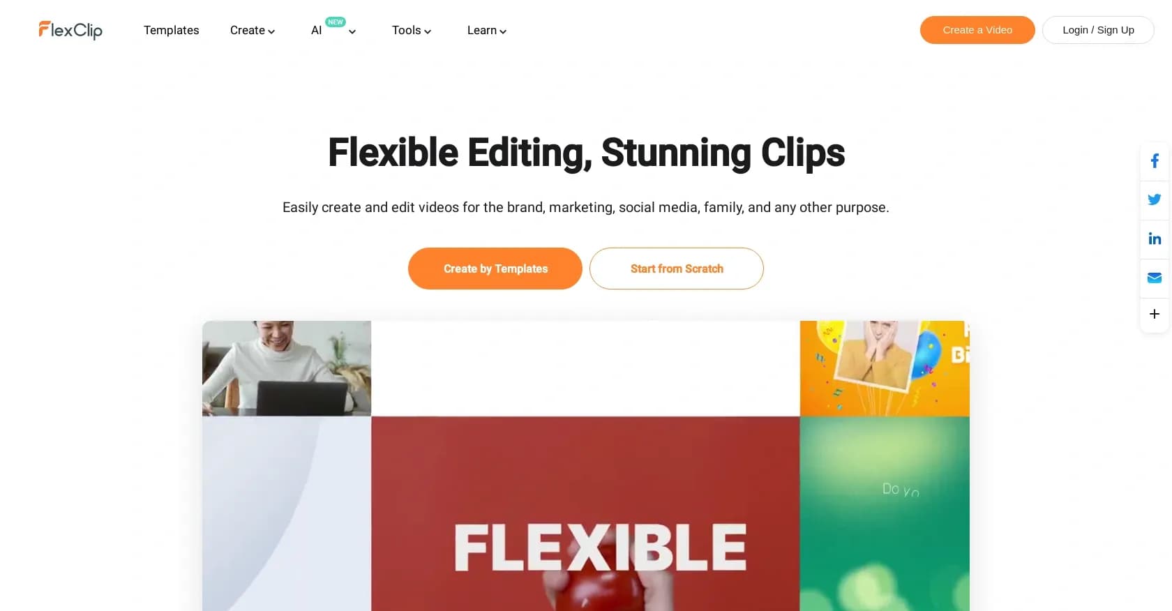 Flexclip homepage screenshot — Create stunning videos effortlessly online.