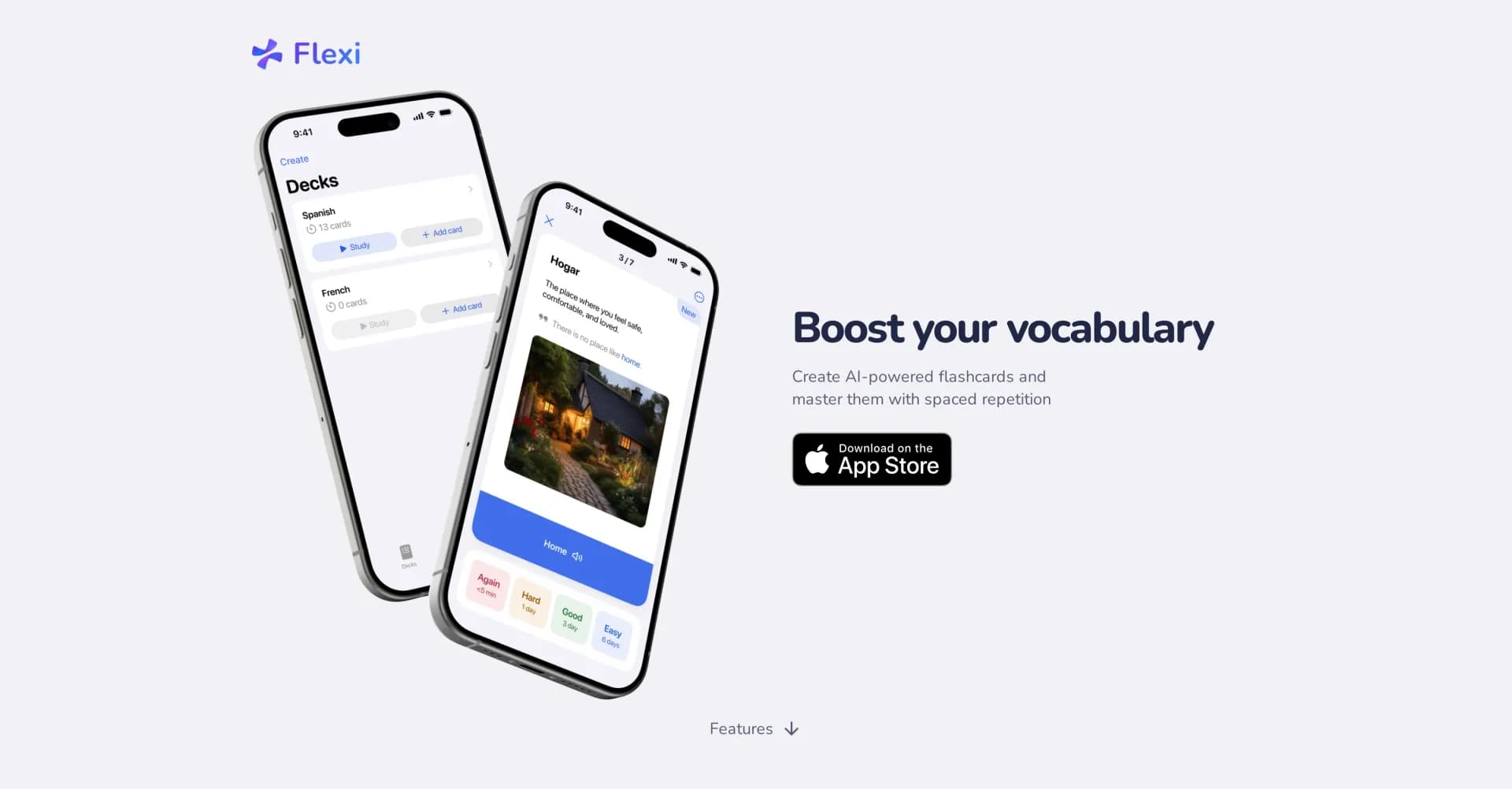 Flexi Cards homepage screenshot — Boost vocabulary with AI-powered flashcards