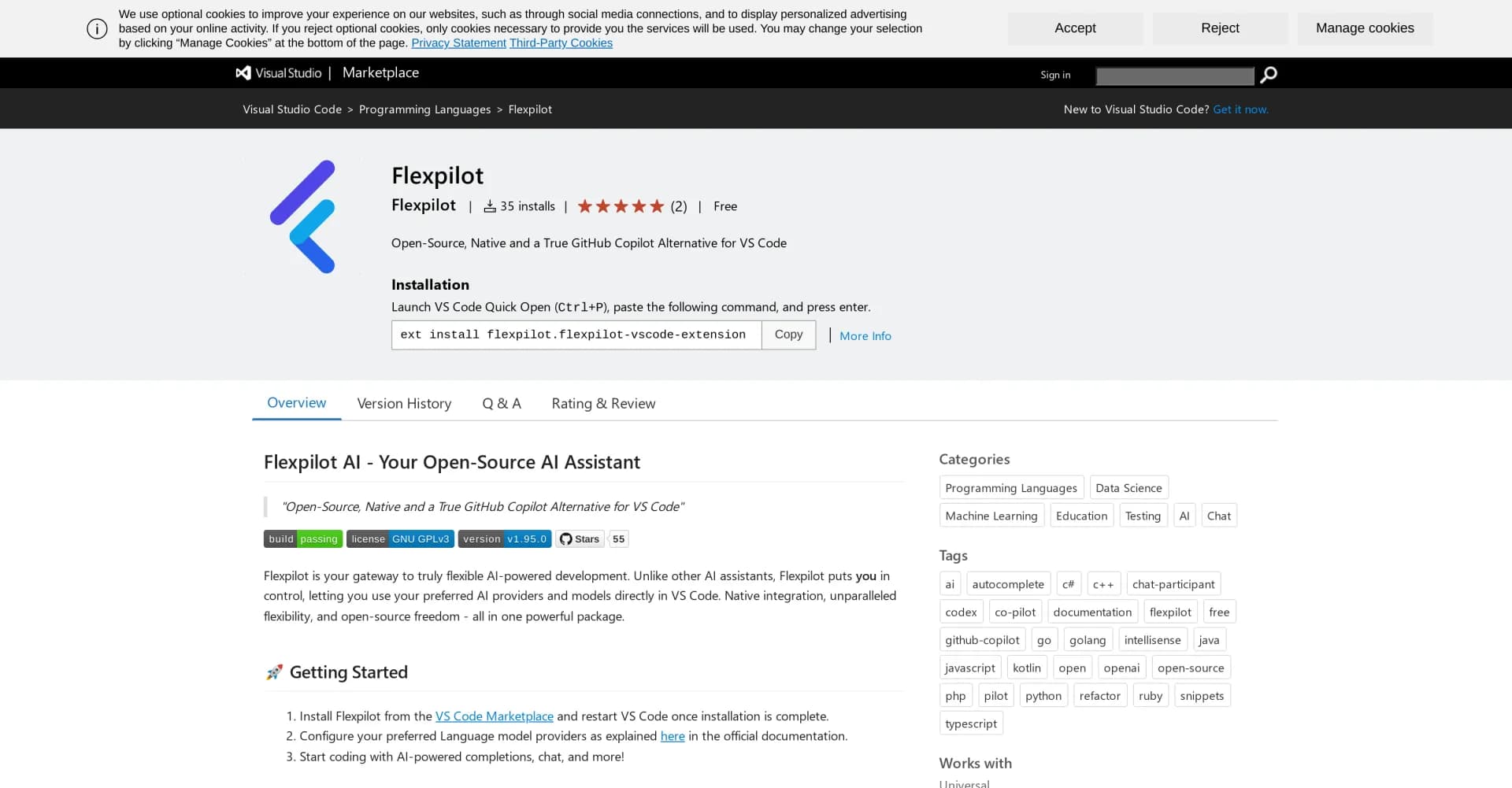 Flexpilot homepage screenshot — Open-source Copilot alternative for VS Code