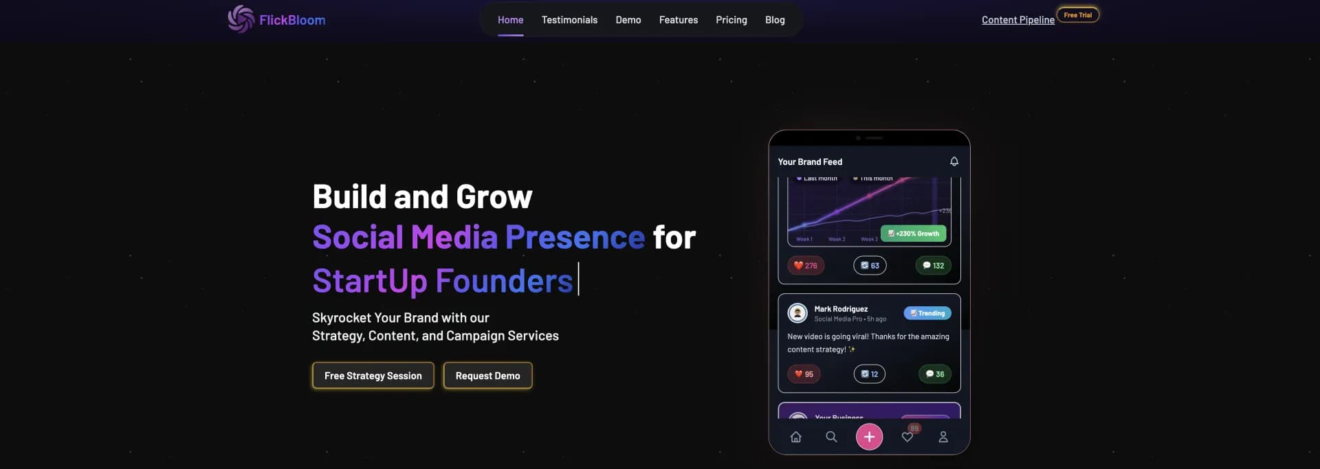 FlickBloom homepage screenshot — Streamlined content pipelines delivering high-quality market