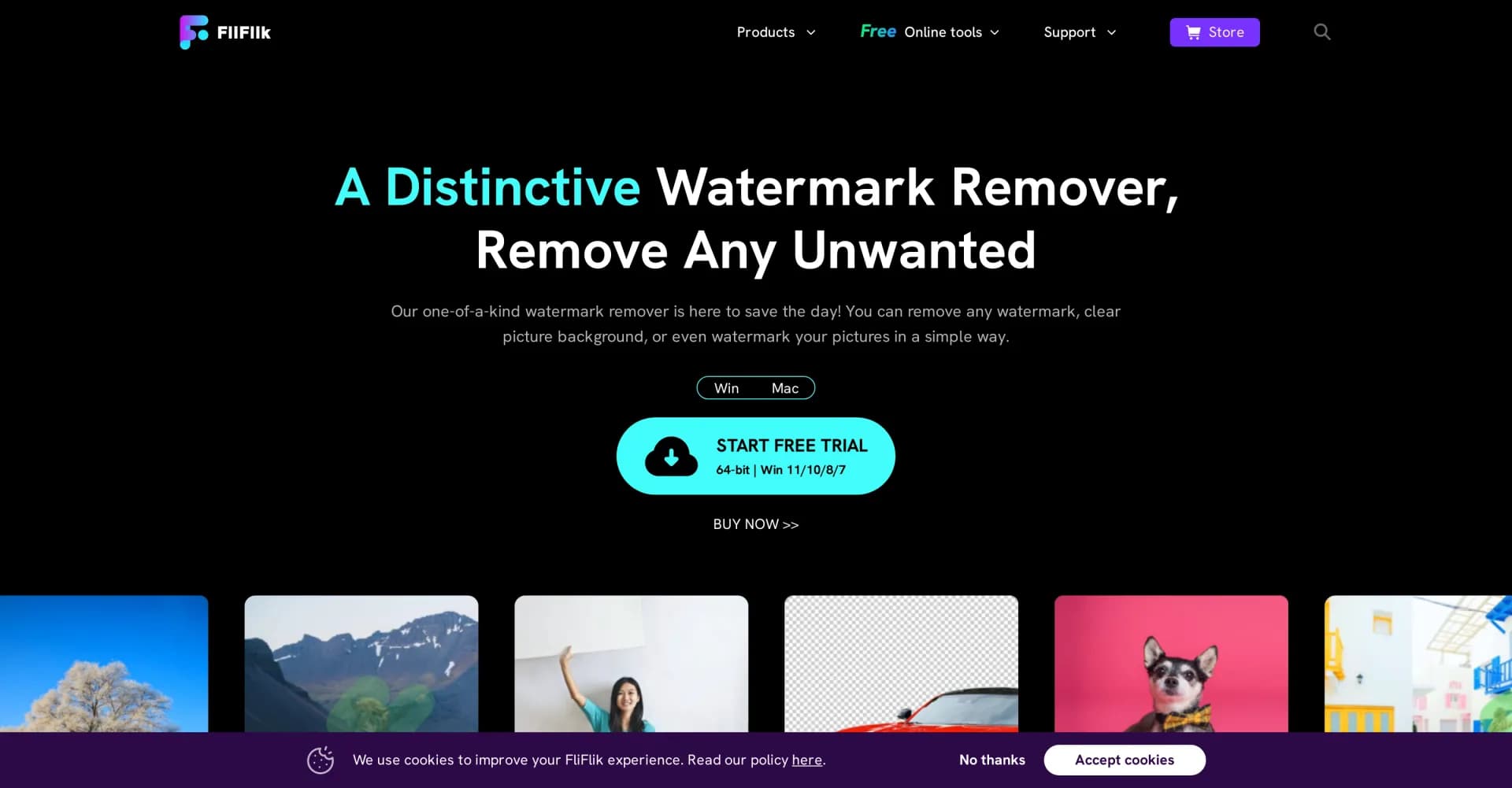 FliFlik homepage screenshot — Remove watermarks and backgrounds with AI in minutes.