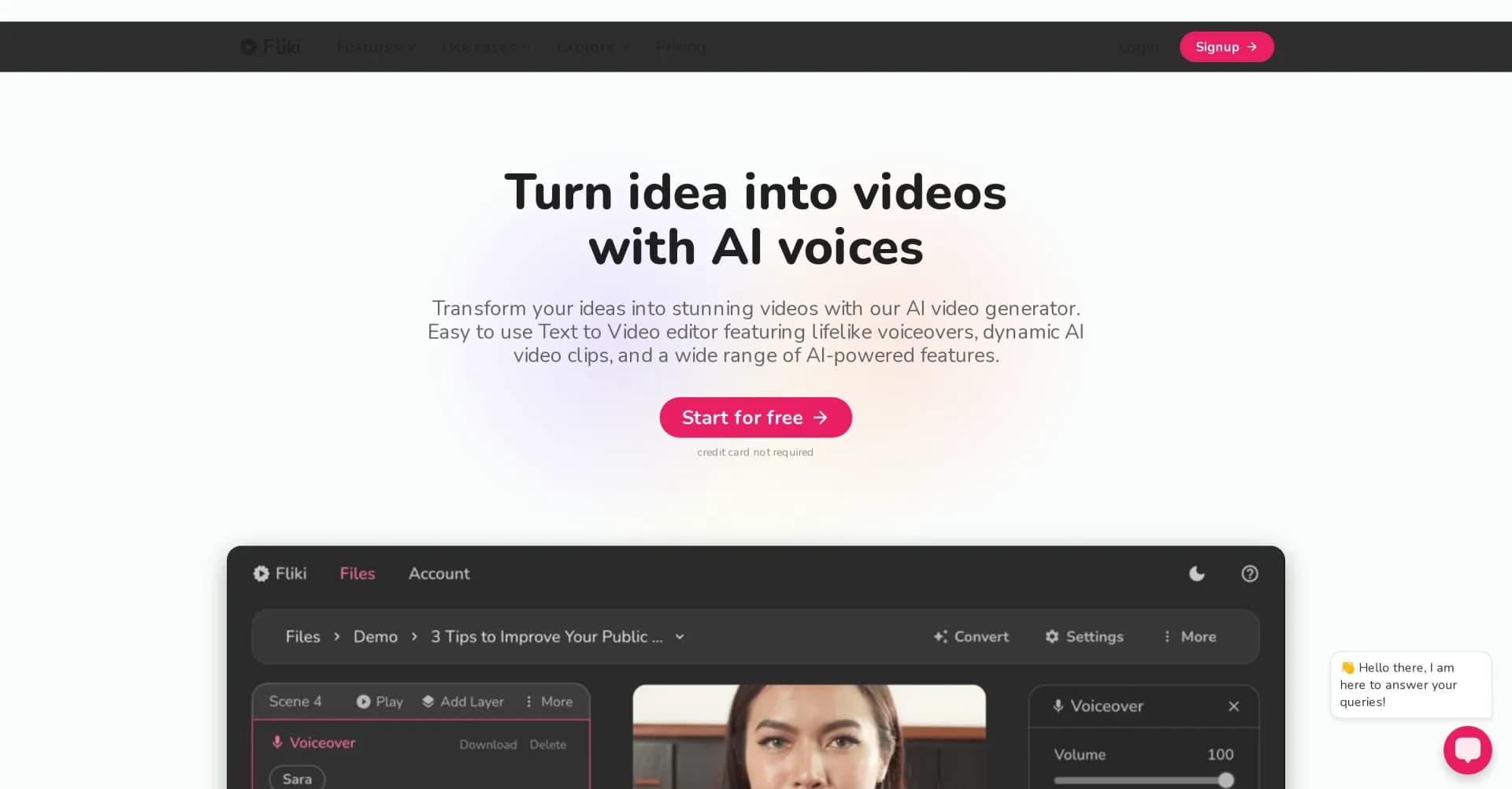 Fliki homepage screenshot — AI-powered text to video transformation.