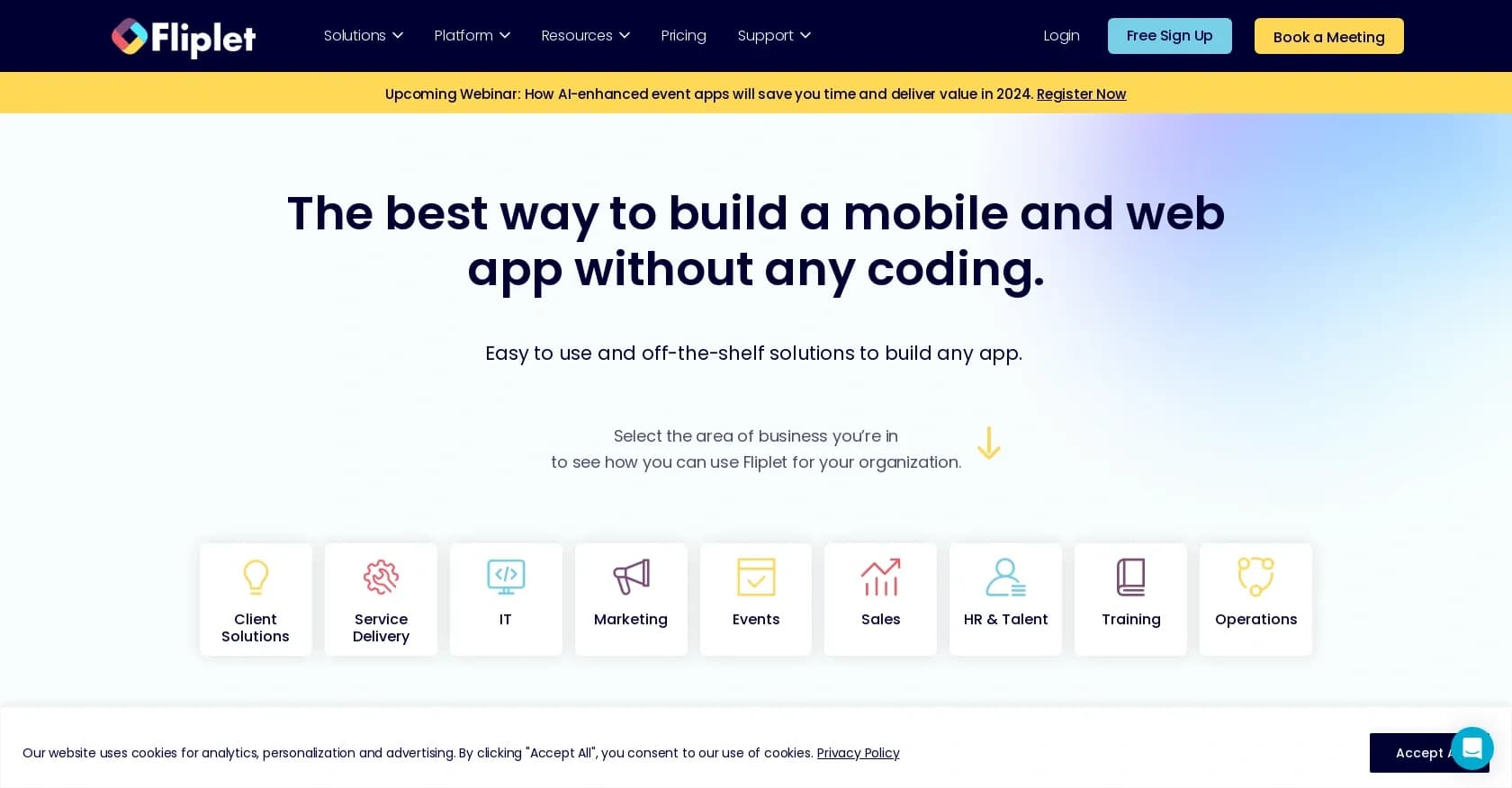 Fliplet homepage screenshot — Build custom business apps without code