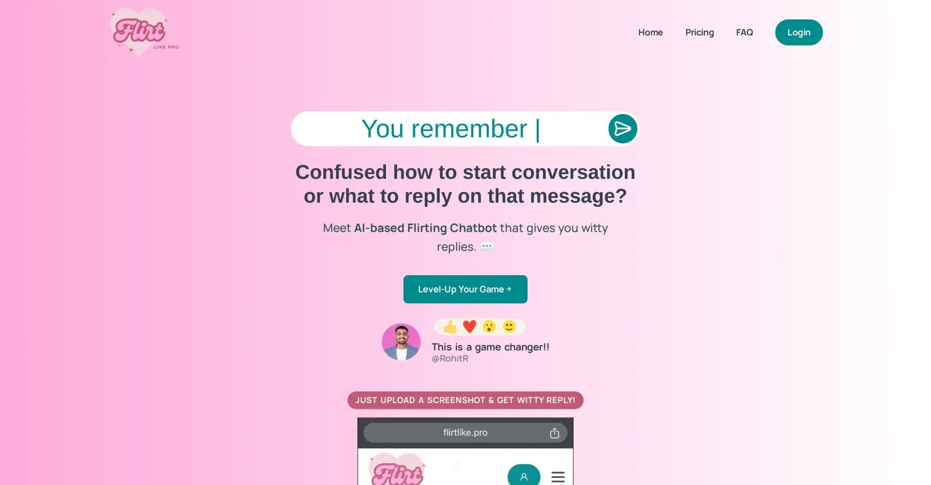 FlirtLikePro homepage screenshot — AI-powered flirting coach for witty replies
