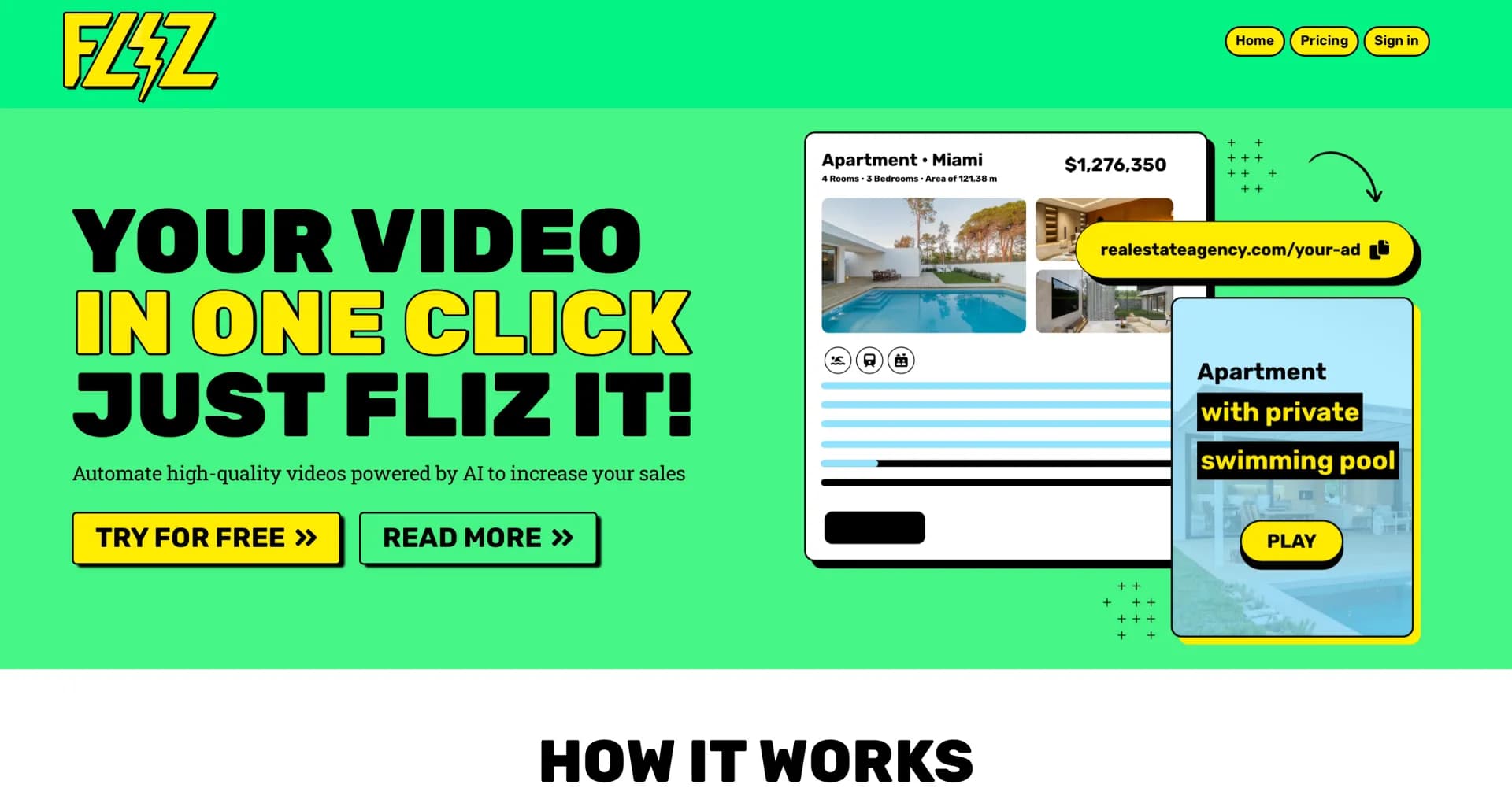 Flizv2.1 homepage screenshot — URLs transformed into captivating videos.