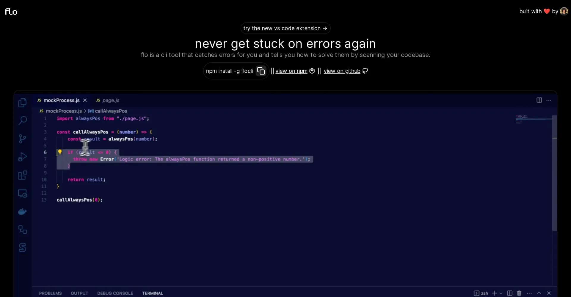 Flo homepage screenshot — Catch and solve errors automatically in your code.