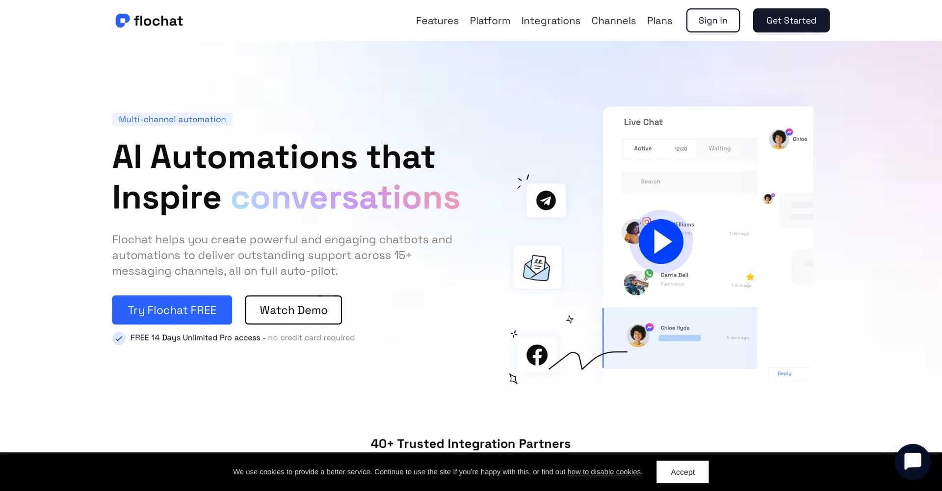 Flochat homepage screenshot — Build engaging chatbots and automations across multiple chan