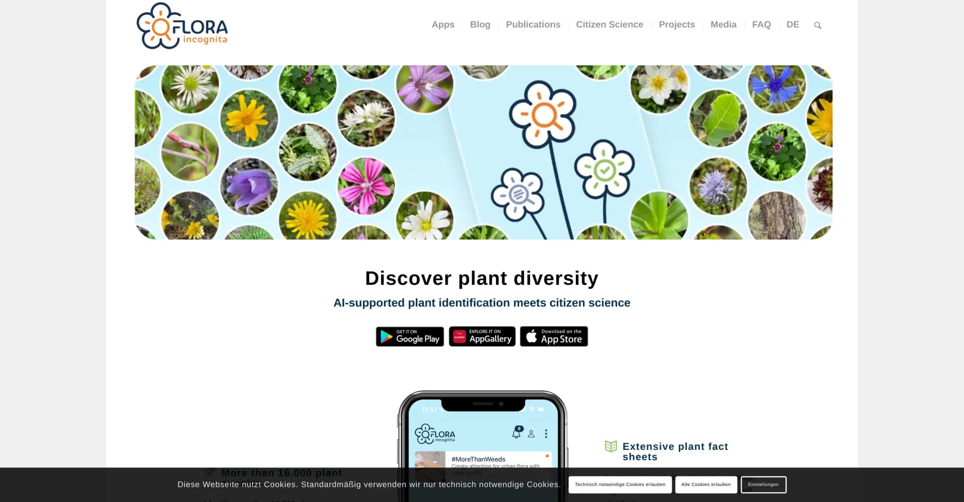 Flora incognita homepage screenshot — AI-powered plant identification for citizen scientists