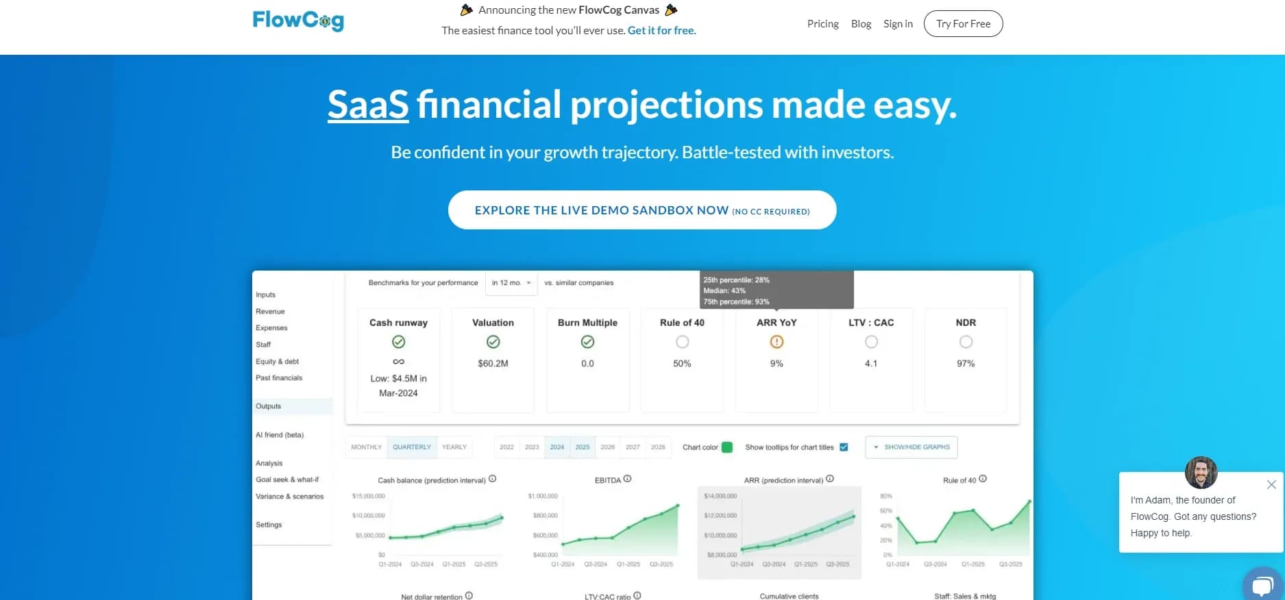 FlowCog homepage screenshot — SaaS financial projections made easy.