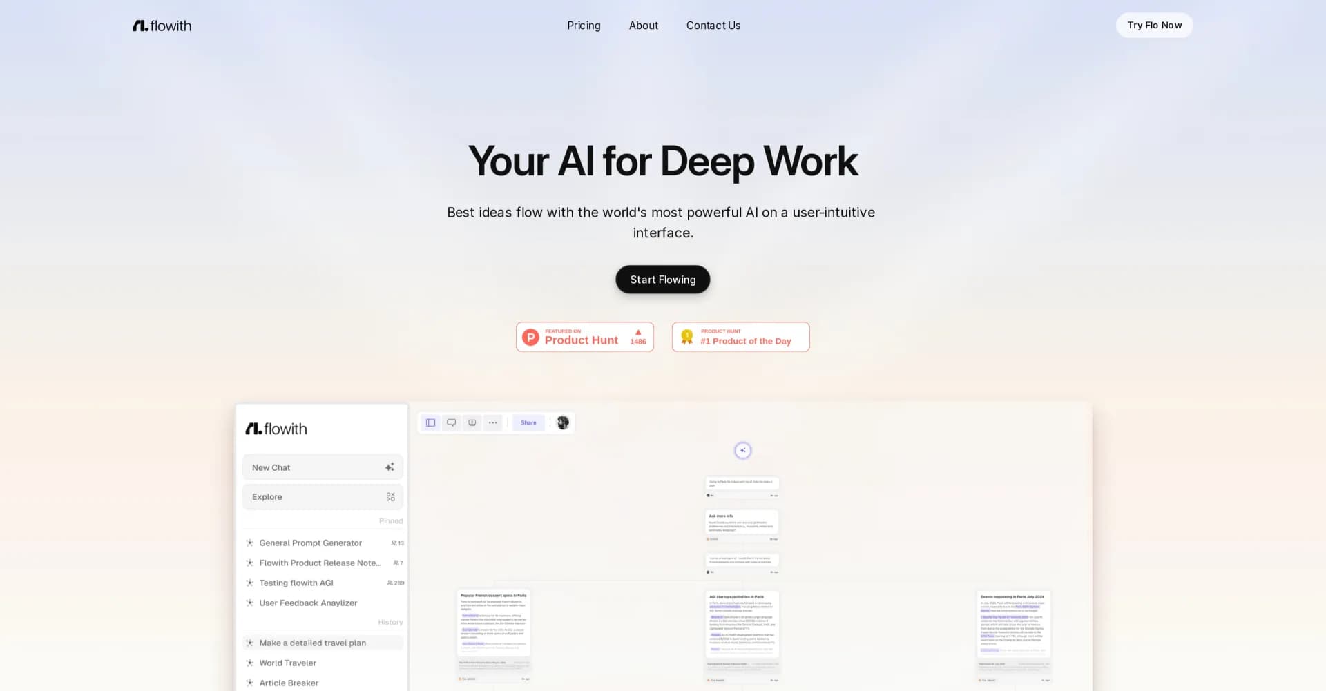 Flowith AI homepage screenshot — Unleash deep work with AI-powered flow.