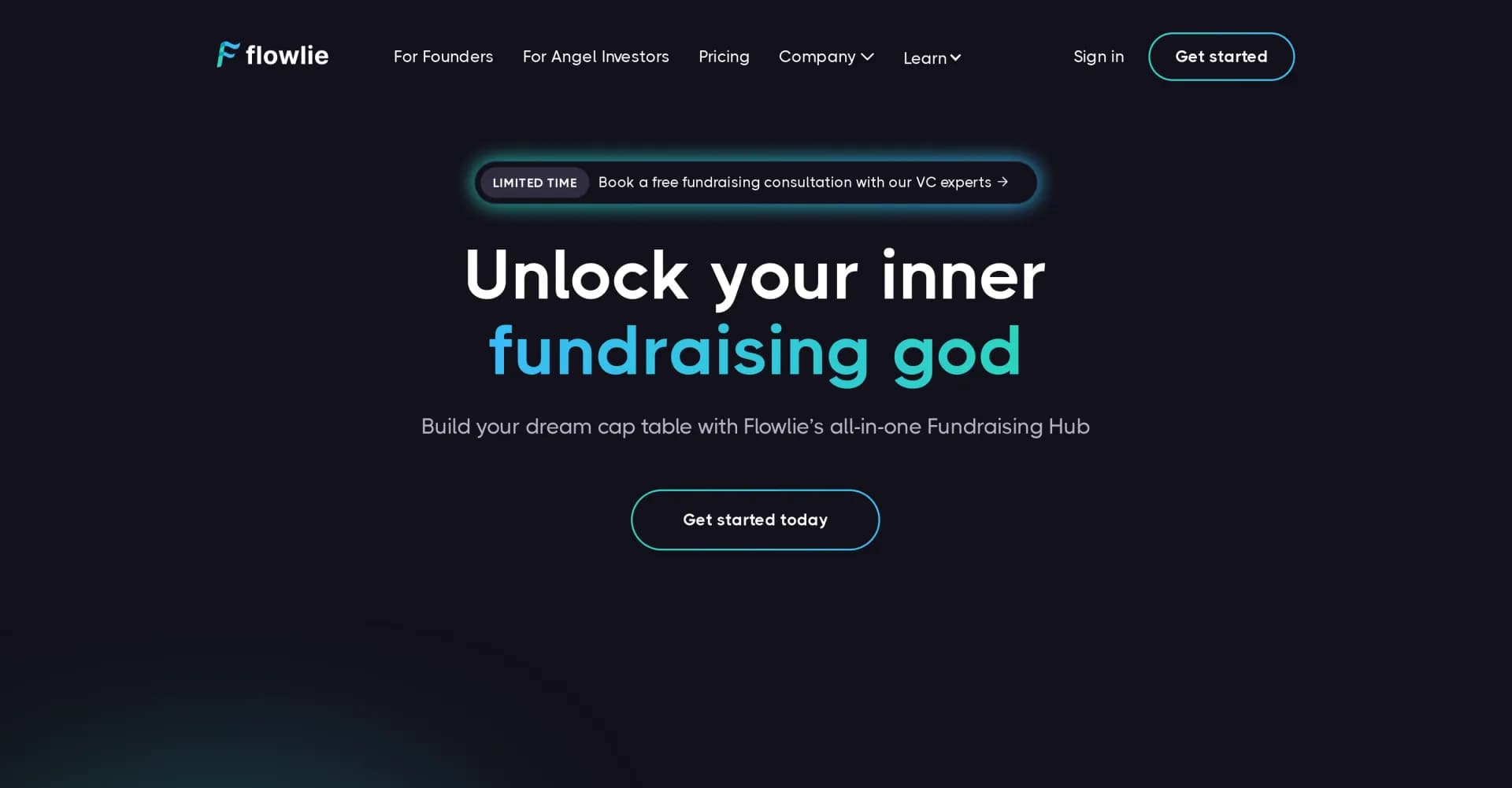 Flowlie homepage screenshot — Build your dream cap table with an all-in-one fundraising hu
